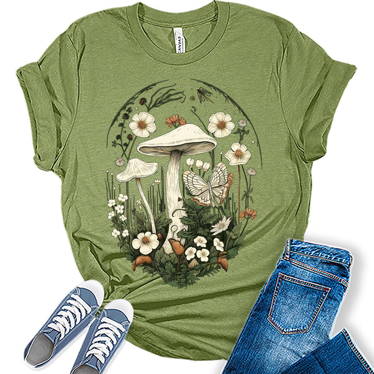 Womens Floral Mushroom Butterfly Tshirts Vintage Tops Cute Floral Wildflower Girls Shirts