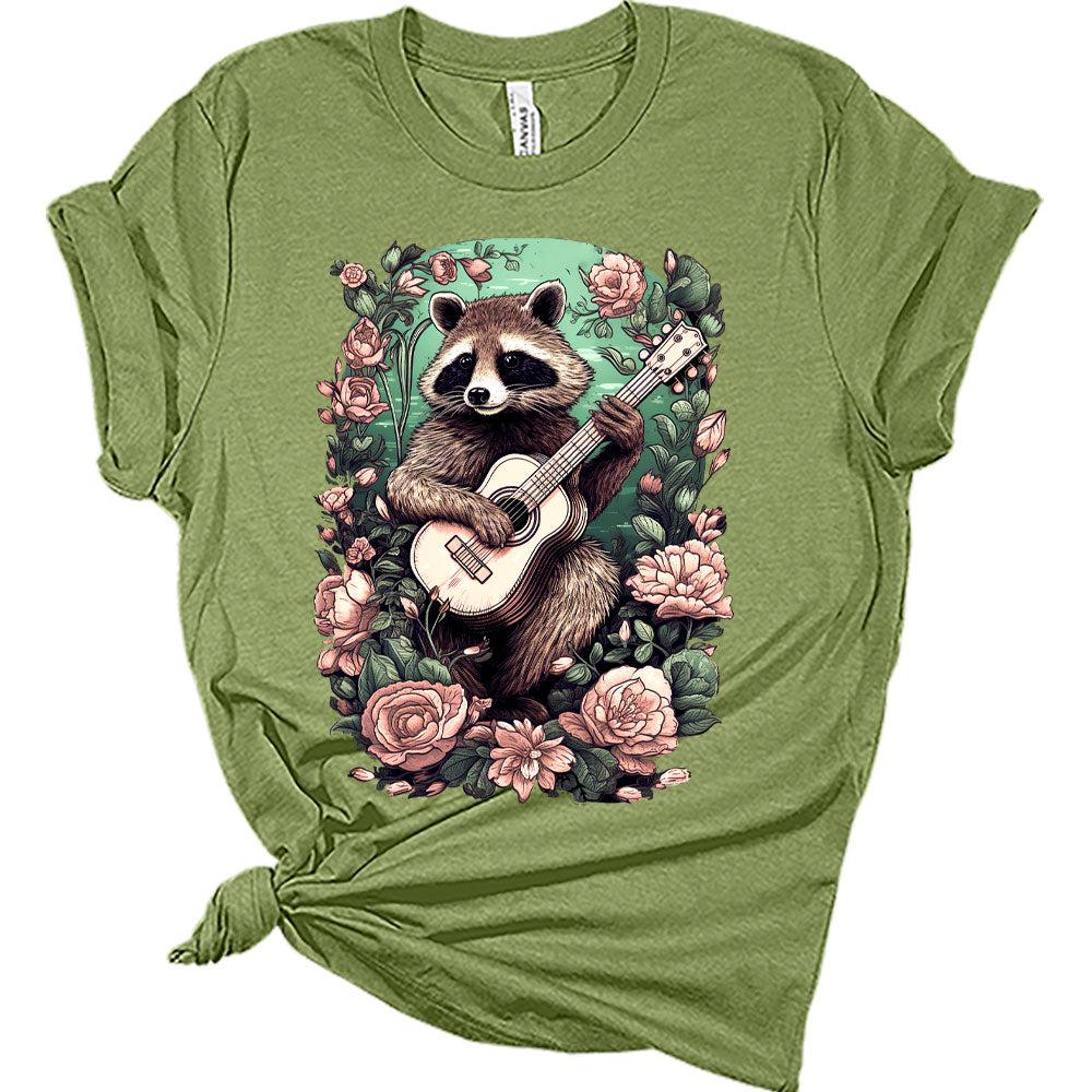 Womens Raccoon Playing Guitar Boho Groovy Shirt Cottagecore Clothing Animal Playing Music T-Shirts Cute Short Sleeve Graphic Tees Plus Size Summer Tops