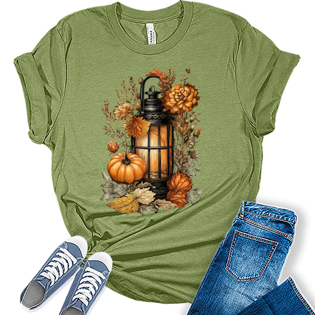 Fall Clothes for Women Casual Cottagecore Pumpkin Lantern Graphic Tees Autumn Shirts