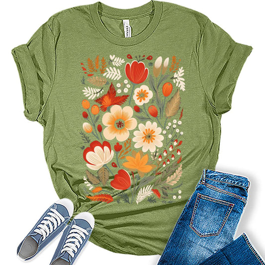Vintage Floral Fall Graphic Tee for Women Cute Cottagecore Boho Tops for Teen Girls