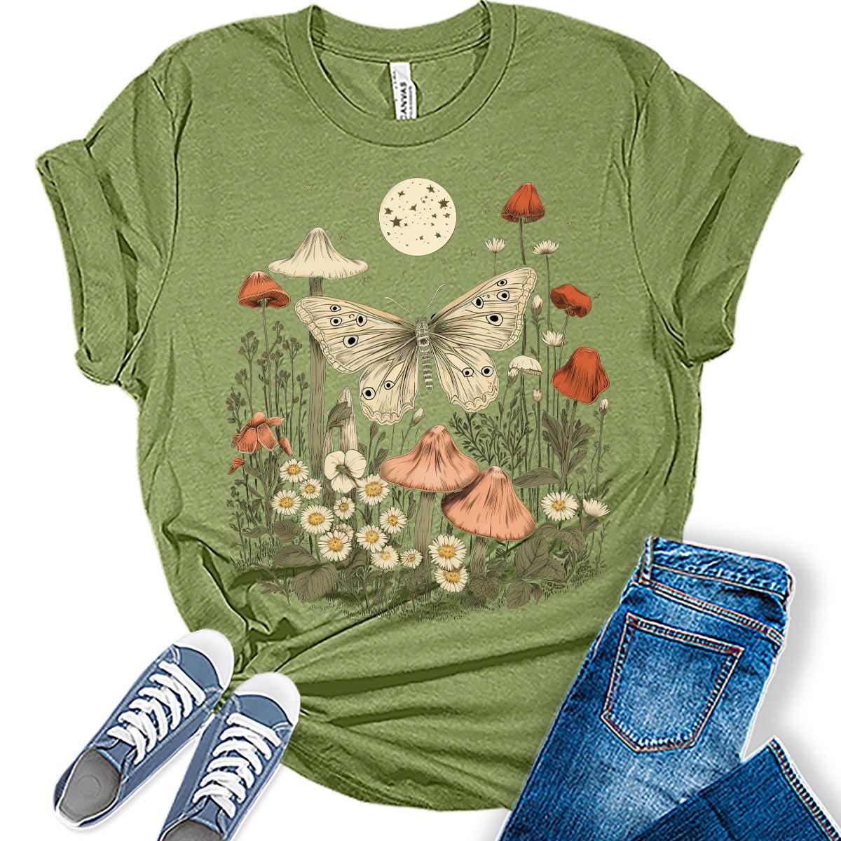 Womens Floral Moth Moon Shirts Wildflower Casual Graphic Tees Vintage Short Sleeve Girls T Shirts Fall Plus Size Tops