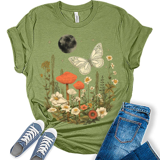 Graphic Tees for Women Butterfly Moon Tshirts Vintage Tops Cute Floral Wildflower Girls Shirts