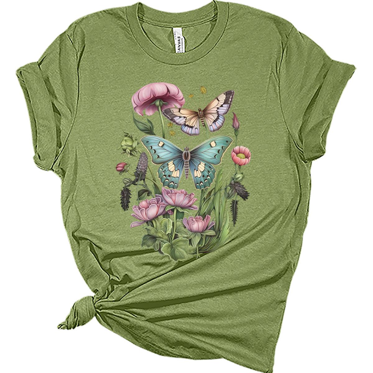 Womens Cute Butterfly Moth Wildflower Casual Graphic Tees Vintage Short Sleeve Girls T Shirts Fall Plus Size Tops