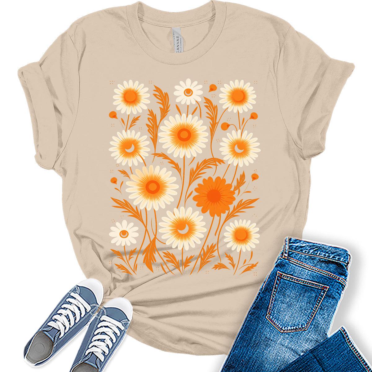 Fall Vintage Flower Collage Tshirt Women Boho Distressed Wildflowers Girls Graphic Tee Casual Nature Shirts Tops