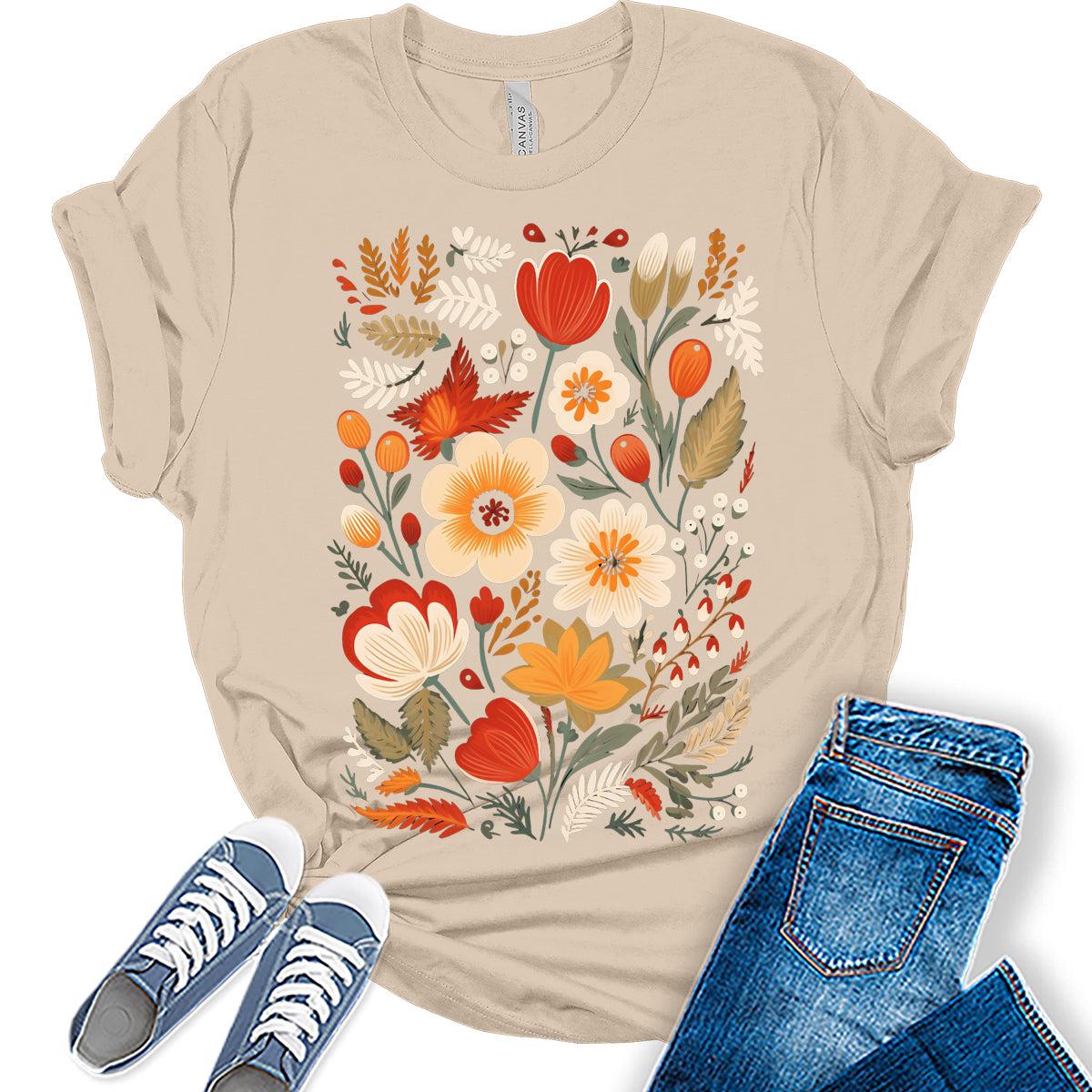 Vintage Floral Fall Graphic Tee for Women Cute Cottagecore Boho Tops for Teen Girls