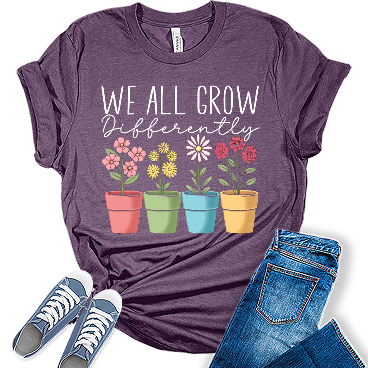 Teacher Shirts for Women We All Grow Differently Flower T Shirt Womens Vintage Plant Graphic Tee School Top