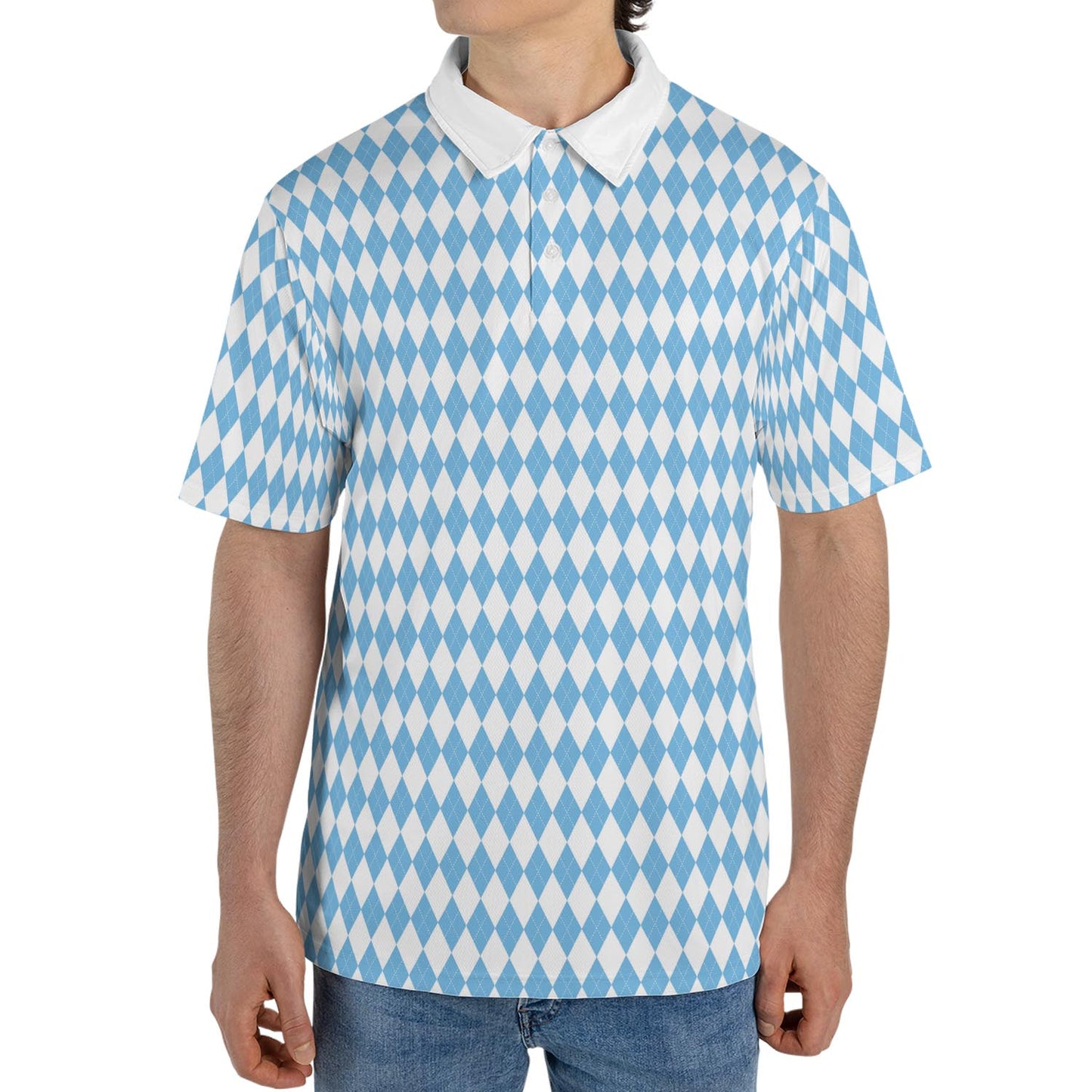 Bavarian Diamond Polo Shirt for Men Blue White Checkered Moisture Wicking Short Sleeve Golf Top