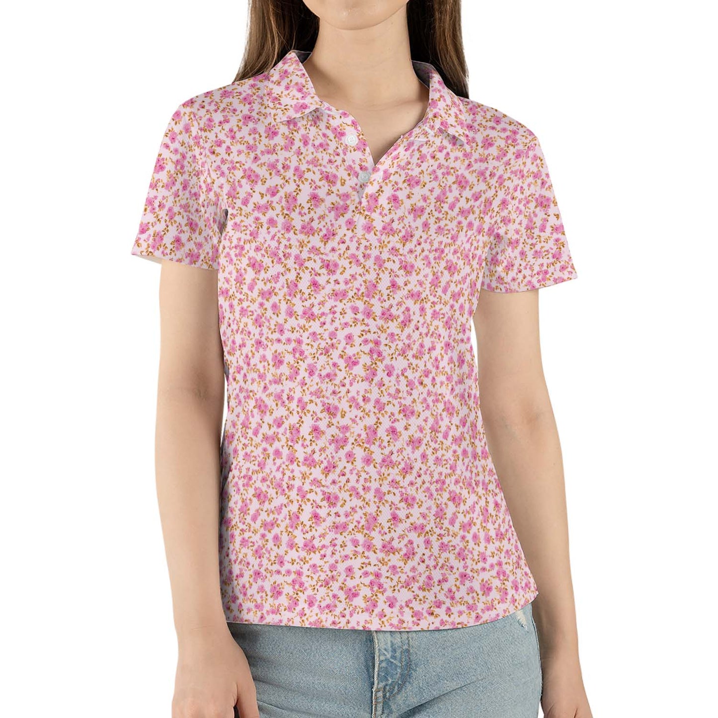 Pink Floral Polo Shirt for Women Cottagecore Spring Summer Moisture Wicking Short Sleeve Golf Top