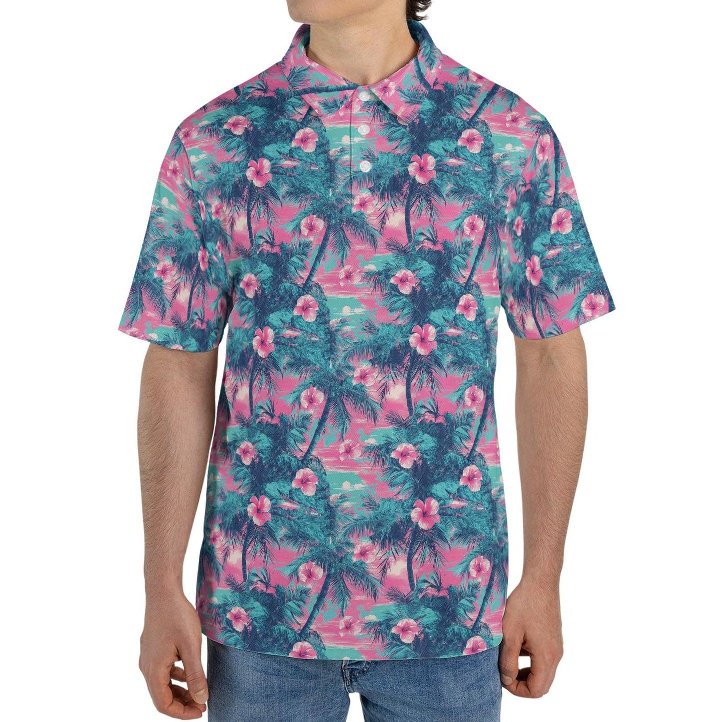 Hawaiian Palm Tree Summer Polo Shirt for Men Moisture Wicking Short Sleeve Golf Top