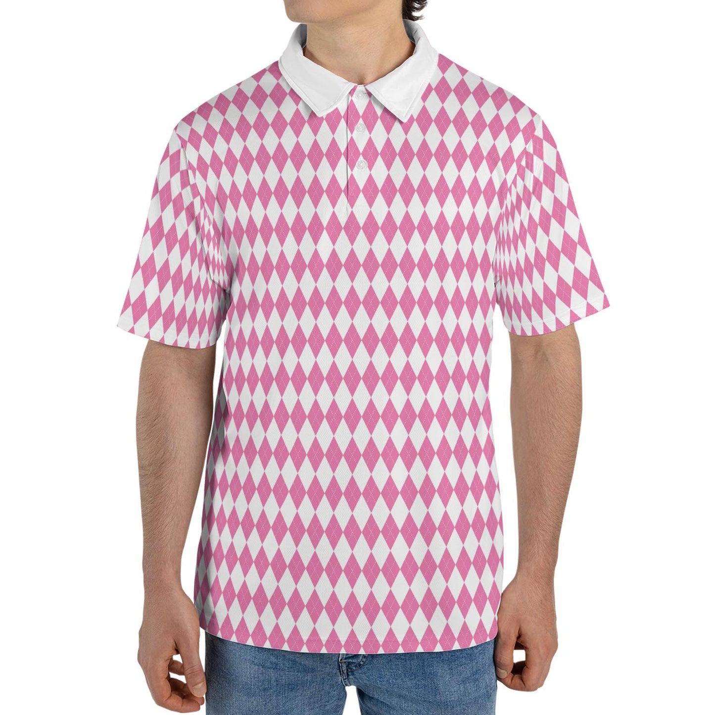 Bavarian Diamond Polo Shirt for Men Pink White Checkered Moisture Wicking Short Sleeve Golf Top
