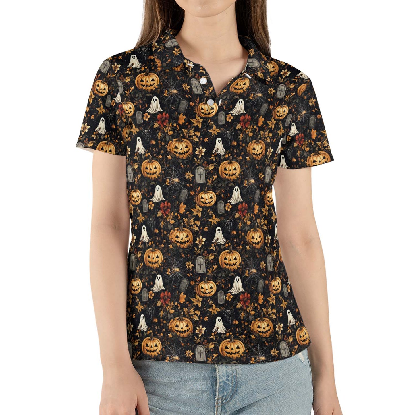 Ghost Pumpkin Floral Halloween Polo Shirt for Women Moisture Wicking Short Sleeve Golf Top