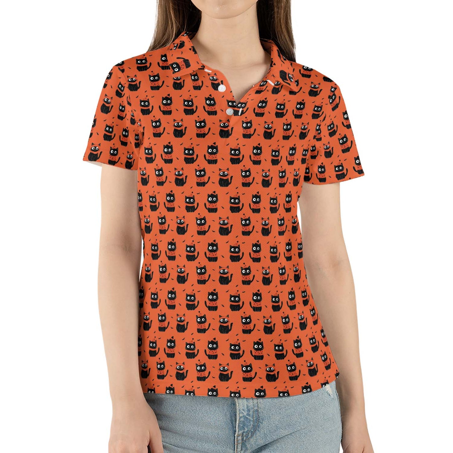 Funny Halloween Cat Polo Shirt for Women Orange Spooky Cute Moisture Wicking Short Sleeve Golf Top