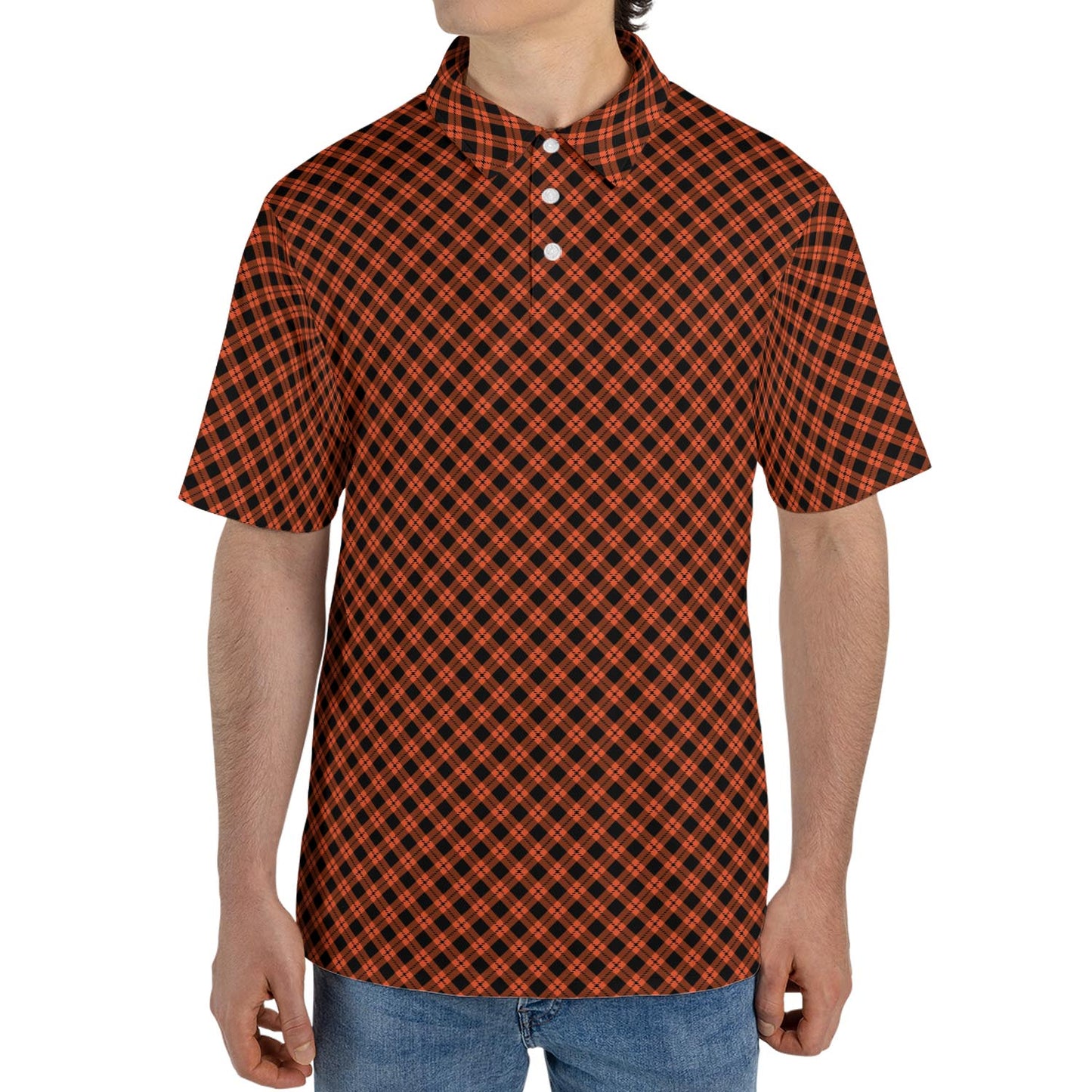 Black and Orange Plaid Polo Shirt for Men Halloween Fall Checkered Pattern Moisture Wicking Short Sleeve Golf Top