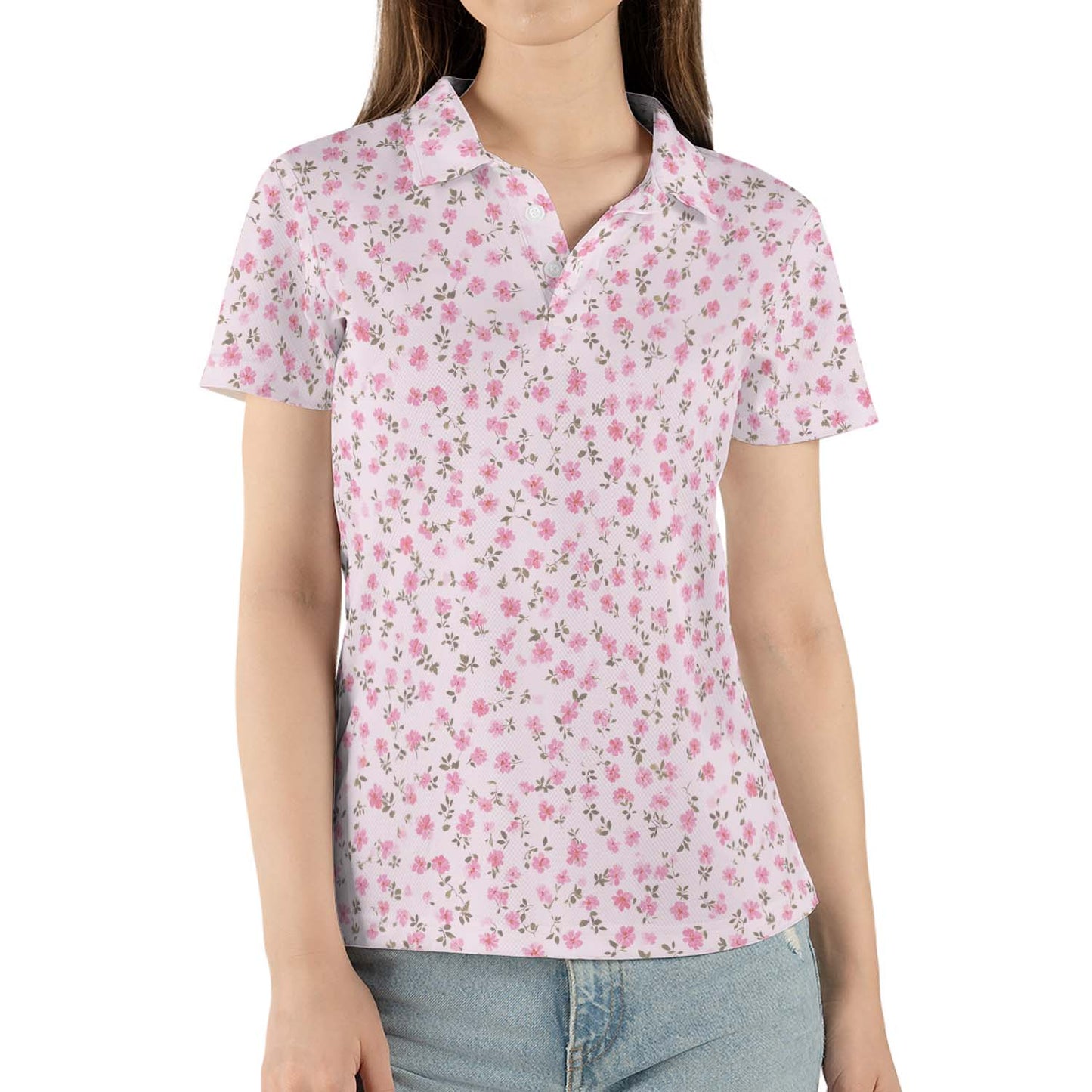 Pink Rosebud Polo Shirt for Women Soft Cottagecore Floral Spring Summer Moisture Wicking Short Sleeve Golf Top