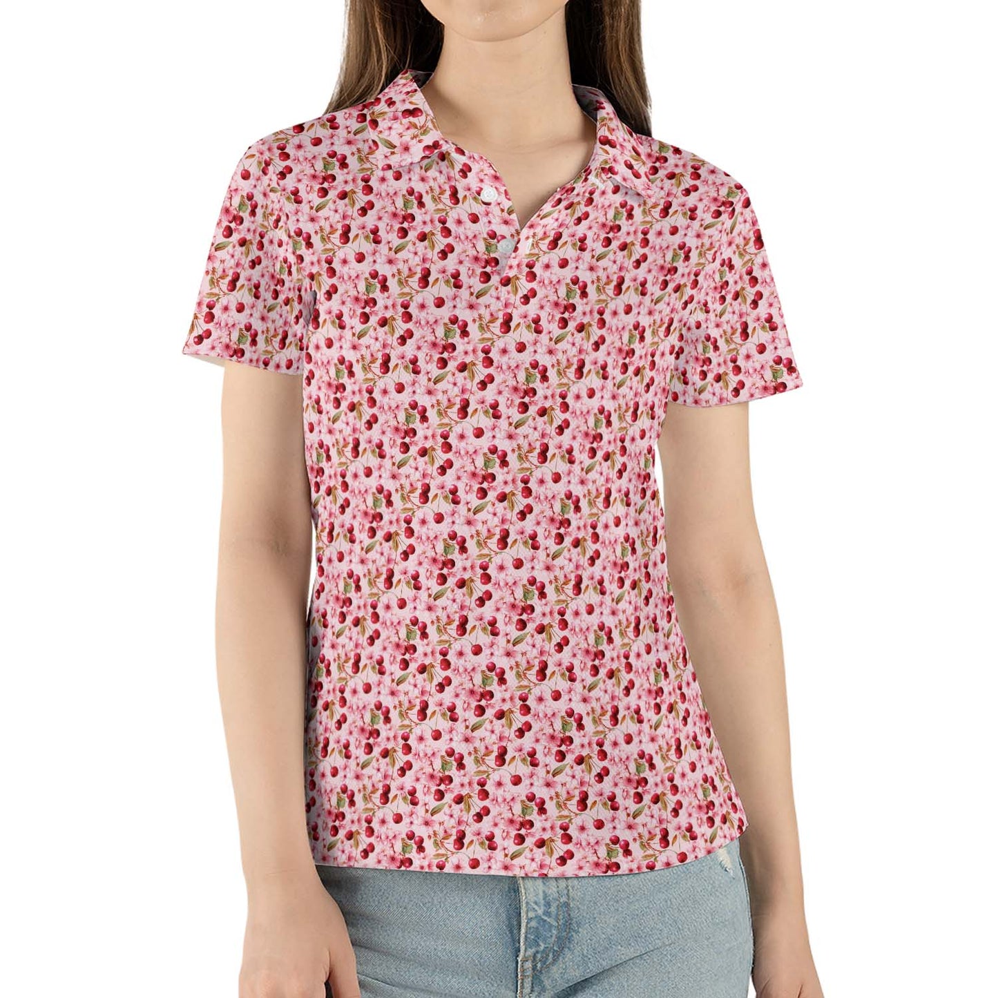 Cherry Blossom Polo Shirt for Women Pink Floral Cottagecore Spring Summer Moisture Wicking Short Sleeve Golf Top