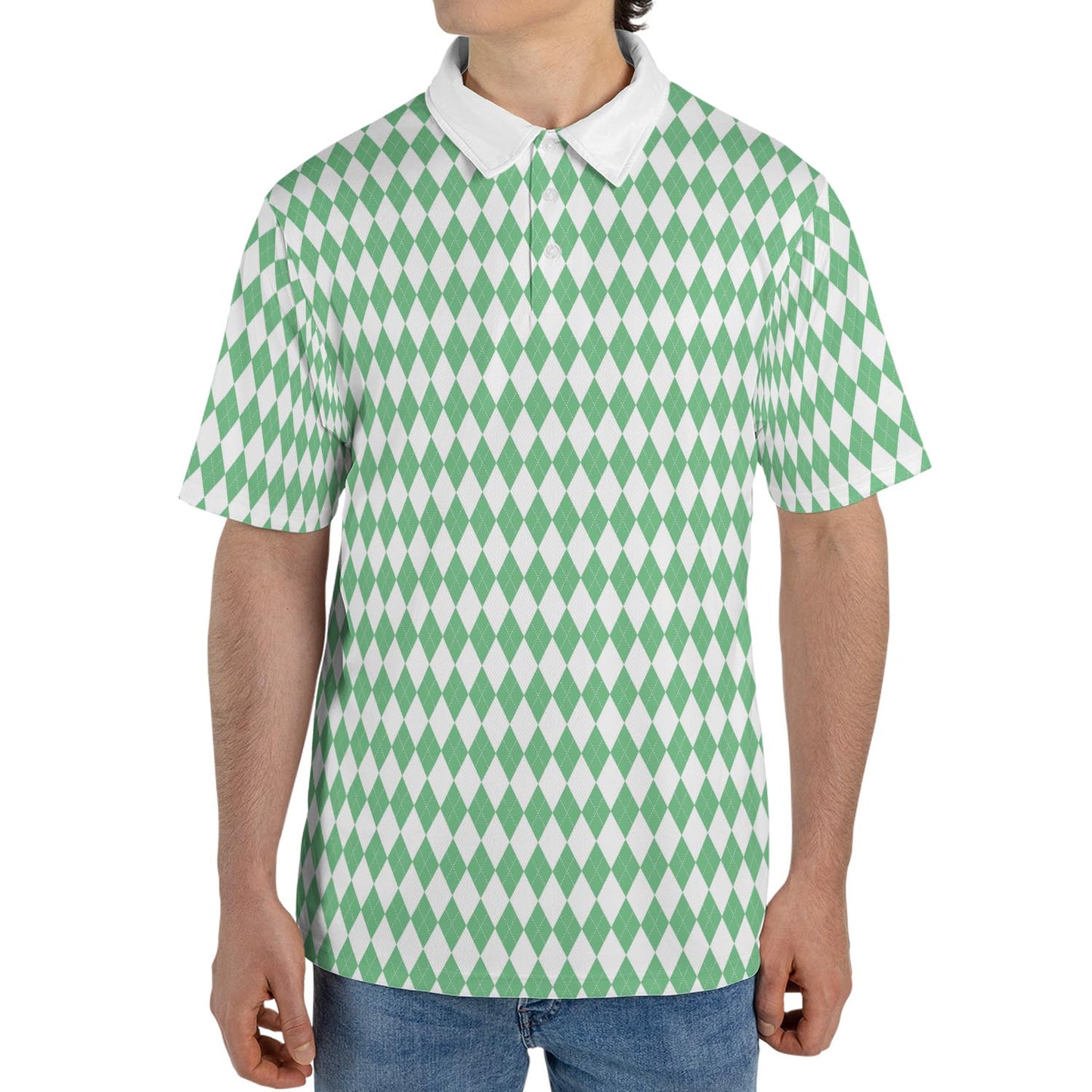 Bavarian Diamond Polo Shirt for Men Green White Checkered Moisture Wicking Short Sleeve Golf Top