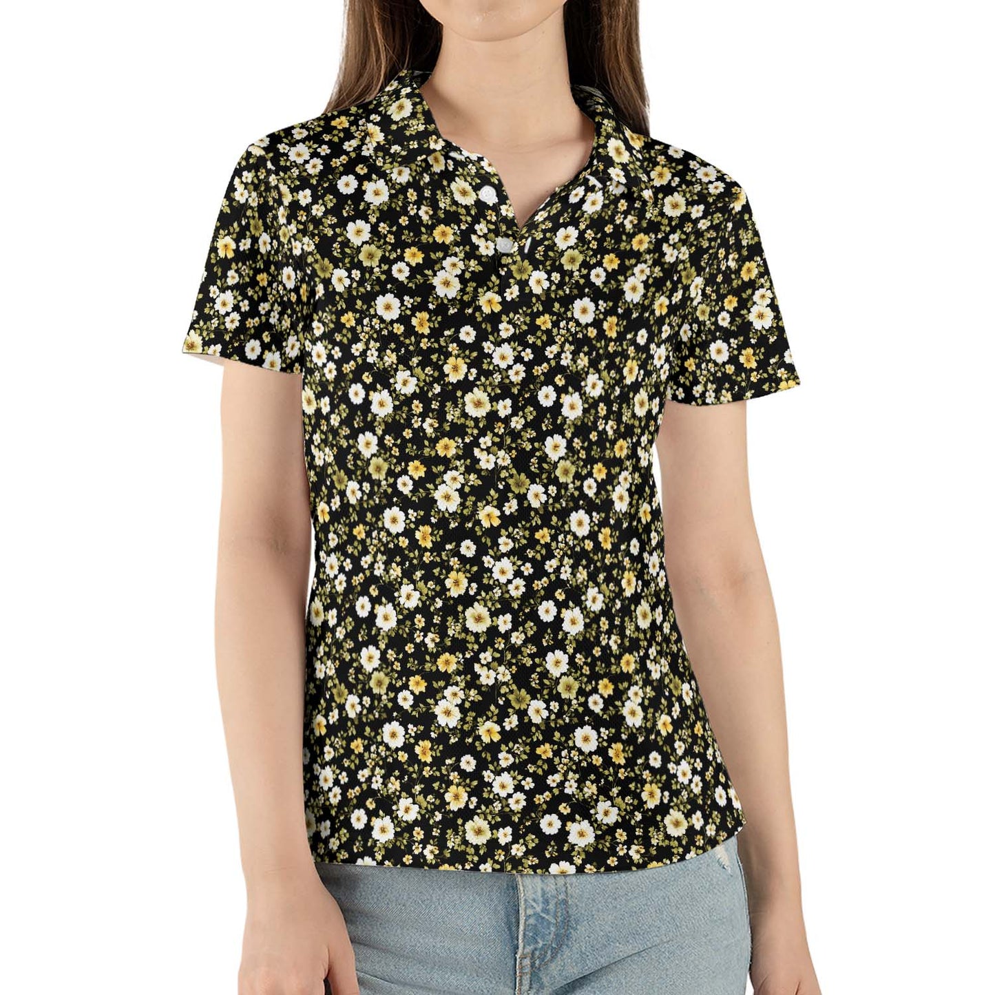Black Daisy Floral Polo Shirt for Women Yellow Cottagecore Spring Summer Chic Moisture Wicking Short Sleeve Golf Top