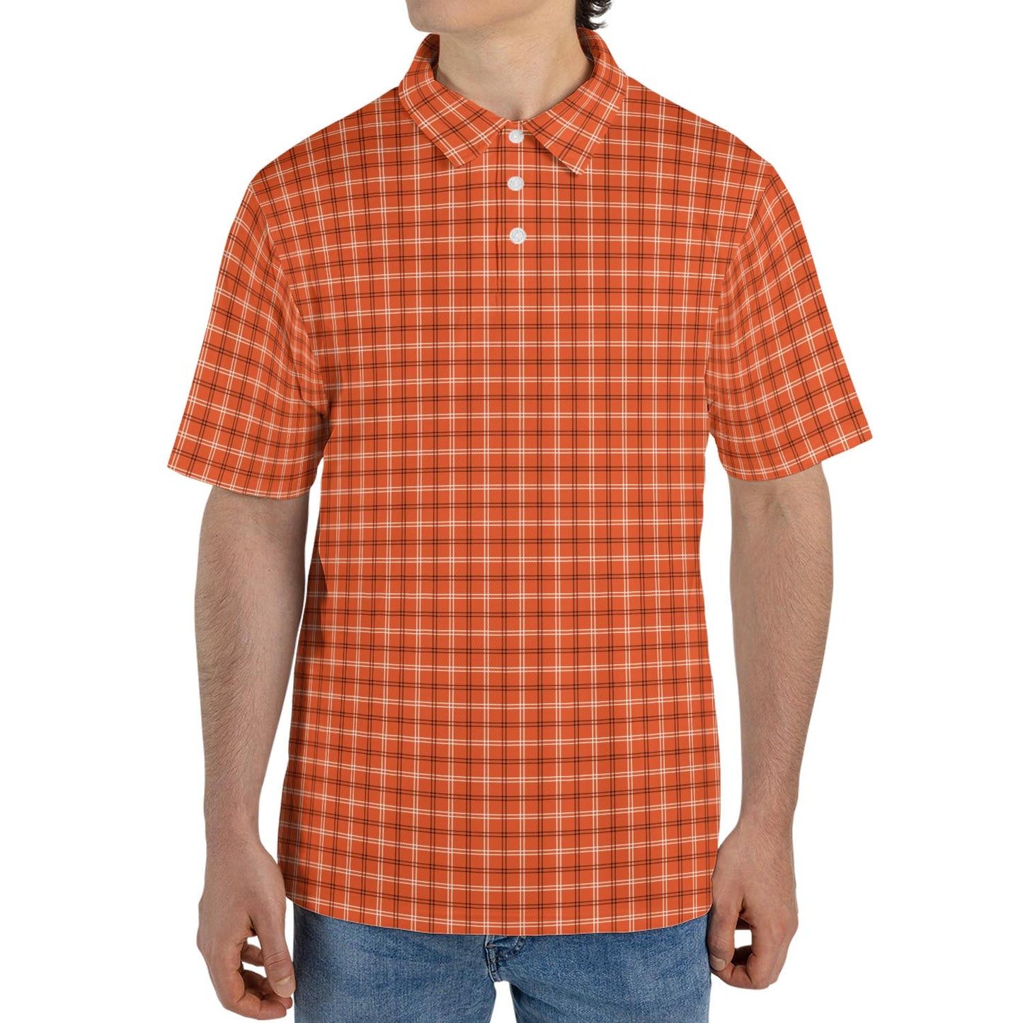 Orange Plaid Polo Shirt for Men Fall Checkered Autumn Halloween Moisture Wicking Short Sleeve Golf Top