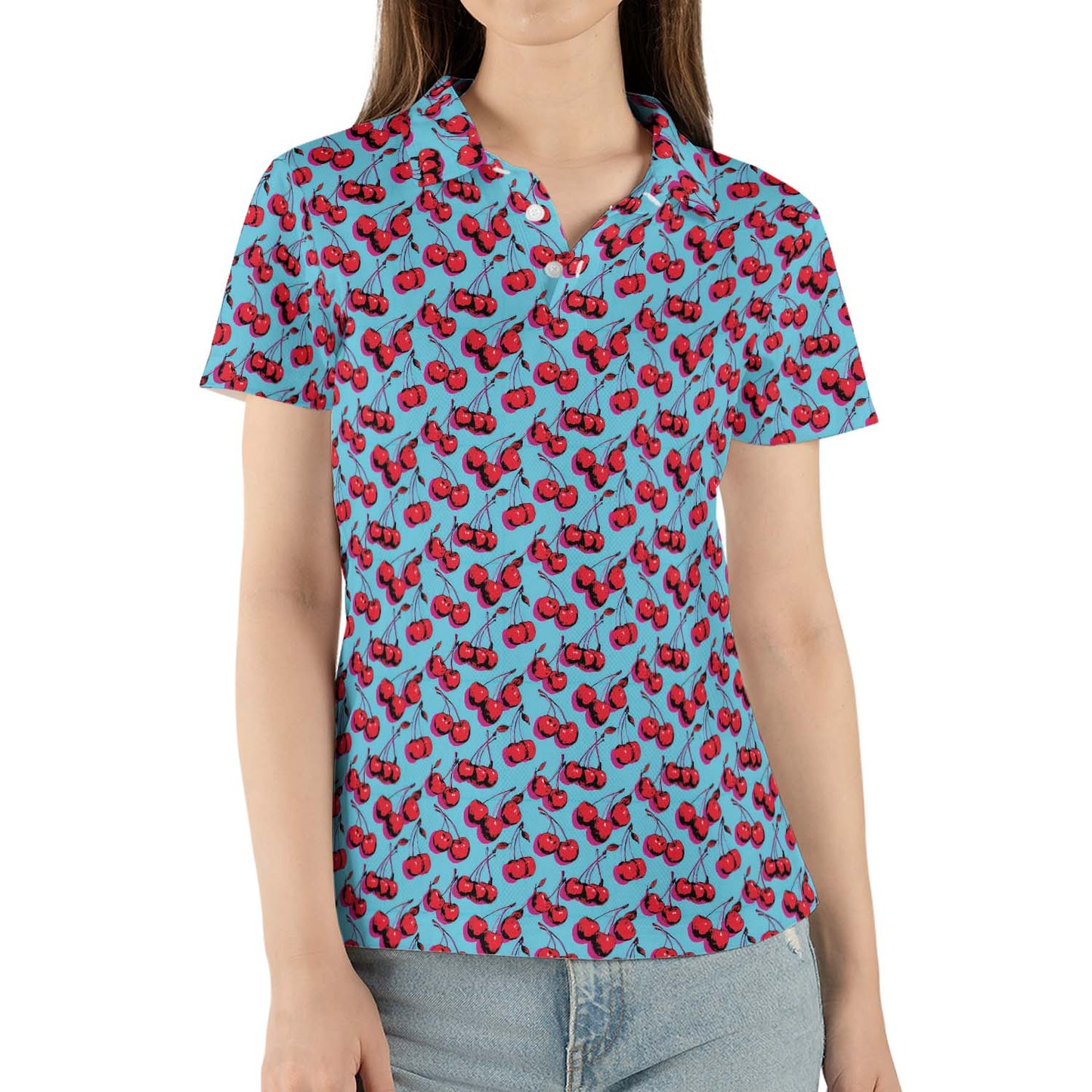 Cherry Print Polo Shirt for Women Blue Retro Y2K Summer Moisture Wicking Short Sleeve Golf Top