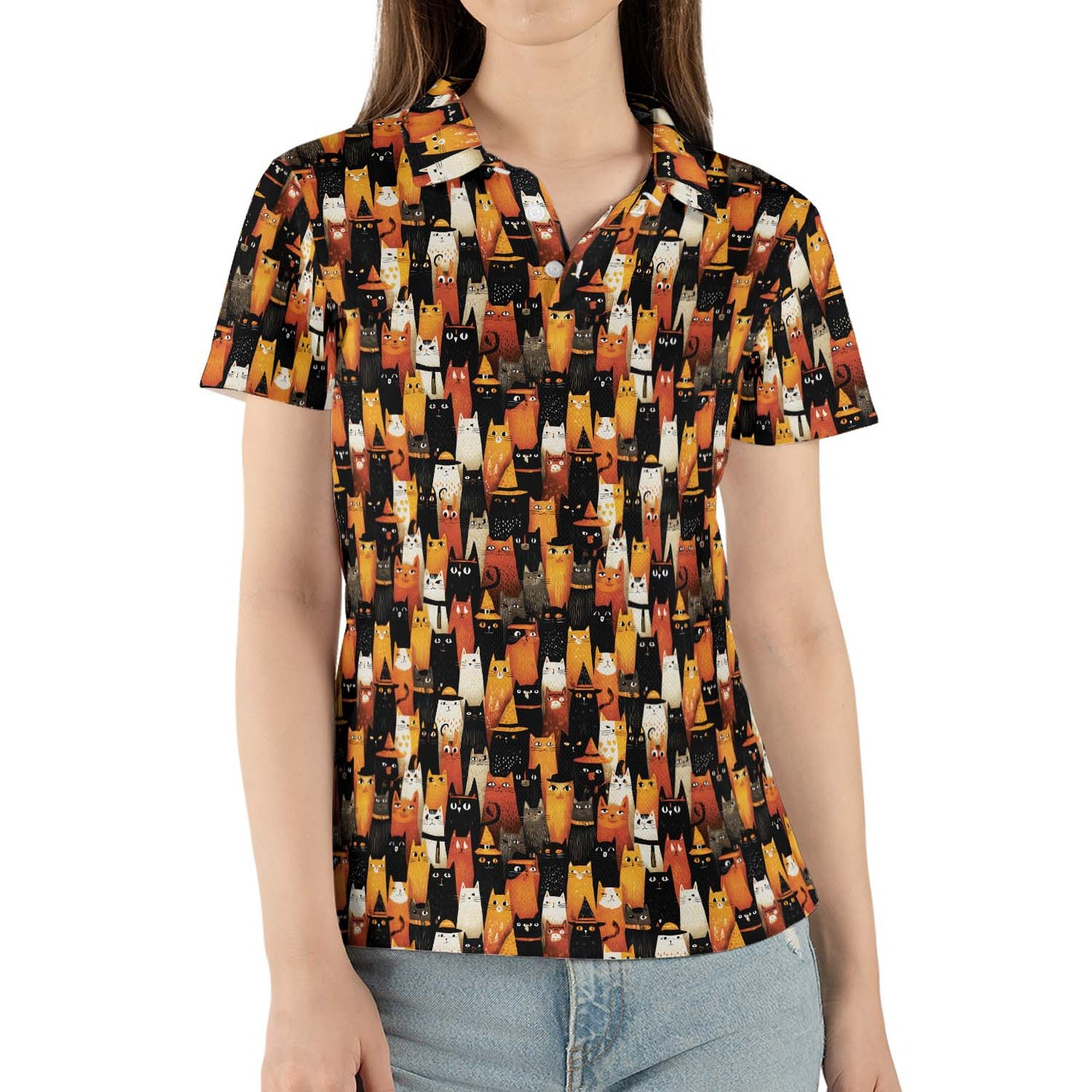 Halloween Cat Polo Shirt for Women Orange Black Witchy Kitty Costume Moisture Wicking Short Sleeve Golf Top