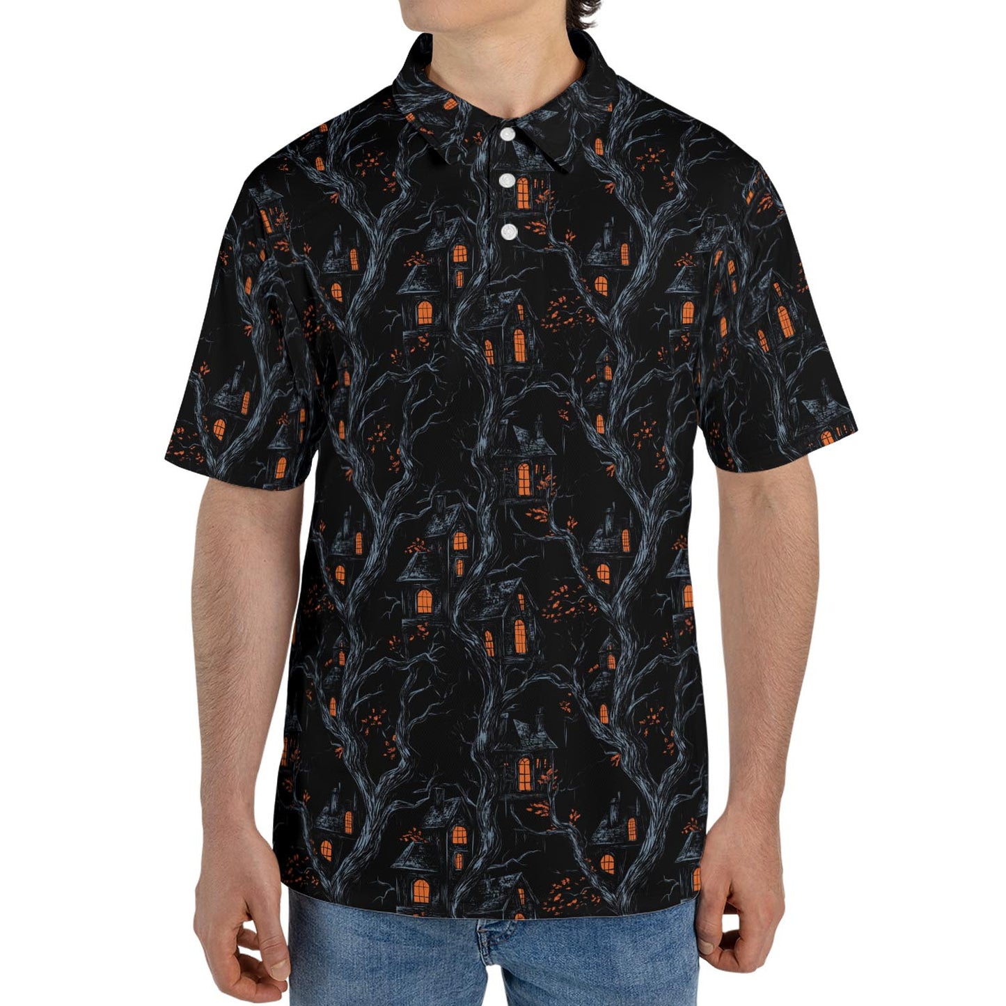 Haunted House Halloween Polo for Men Spooky Moisture Wicking Short Sleeve Golf Top