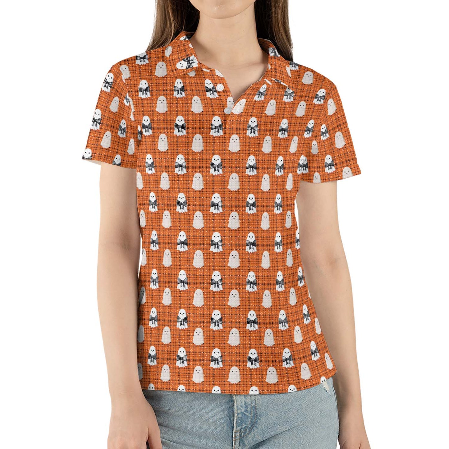 Cute Ghost Halloween Polo Shirt for Women Orange Plaid Moisture Wicking Short Sleeve Golf Top