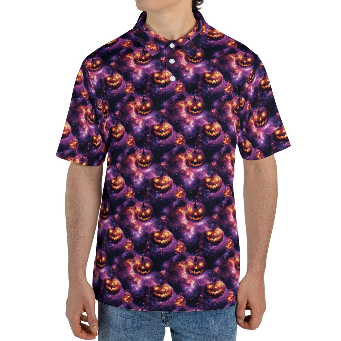 Spooky Jack O Lantern Galaxy Halloween Polo for Men Moisture Wicking Short Sleeve Golf Top