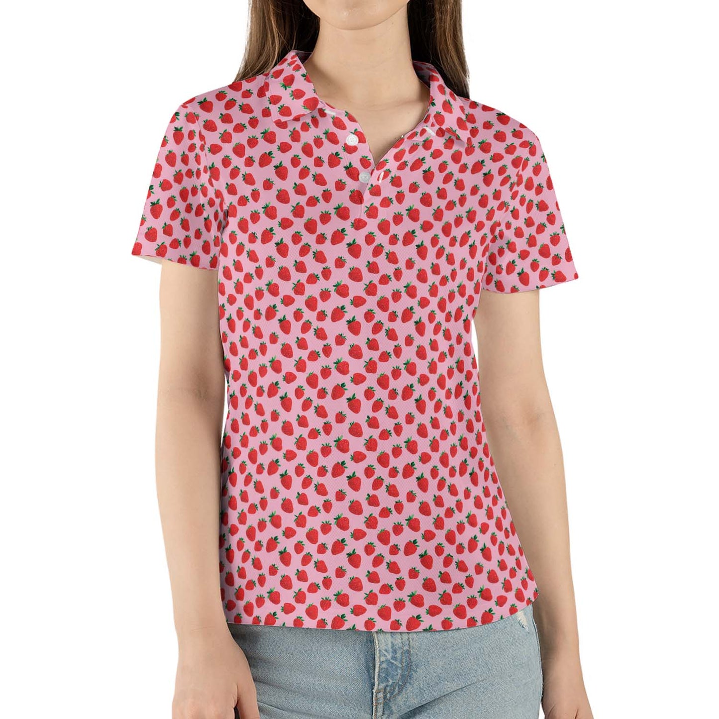 Strawberry Polo Shirt for Women Pink Summer Cottagecore Moisture Wicking Short Sleeve Golf Top