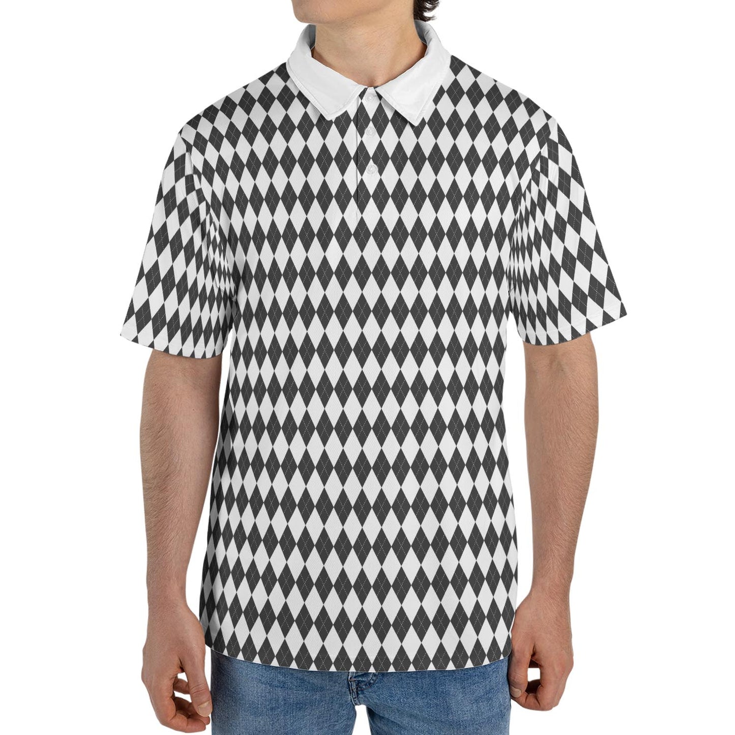 Bavarian Diamond Polo Shirt for Men Dark Grey White Checkered Moisture Wicking Short Sleeve Golf Top