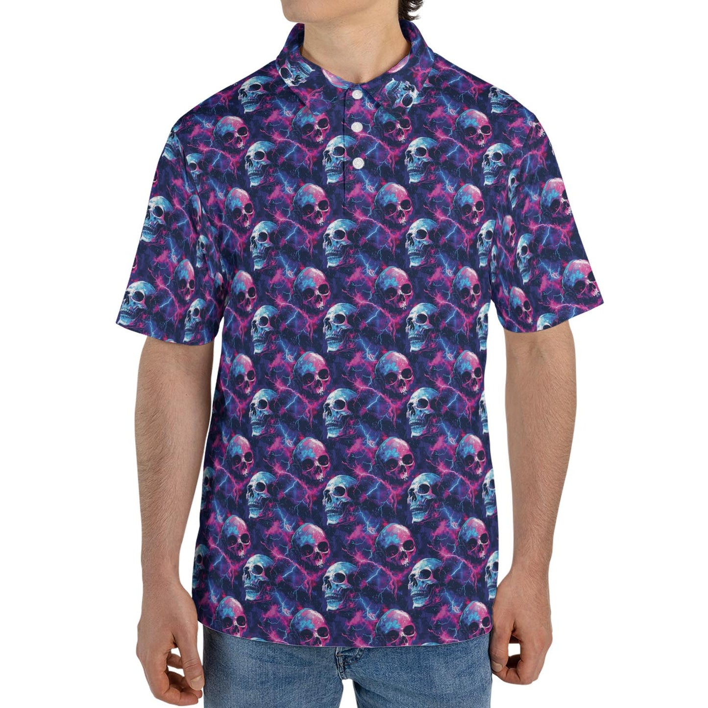 Electric Neon Cosmic Skull Print Halloween Polo Shirt for Men Moisture Wicking Short Sleeve Golf Top