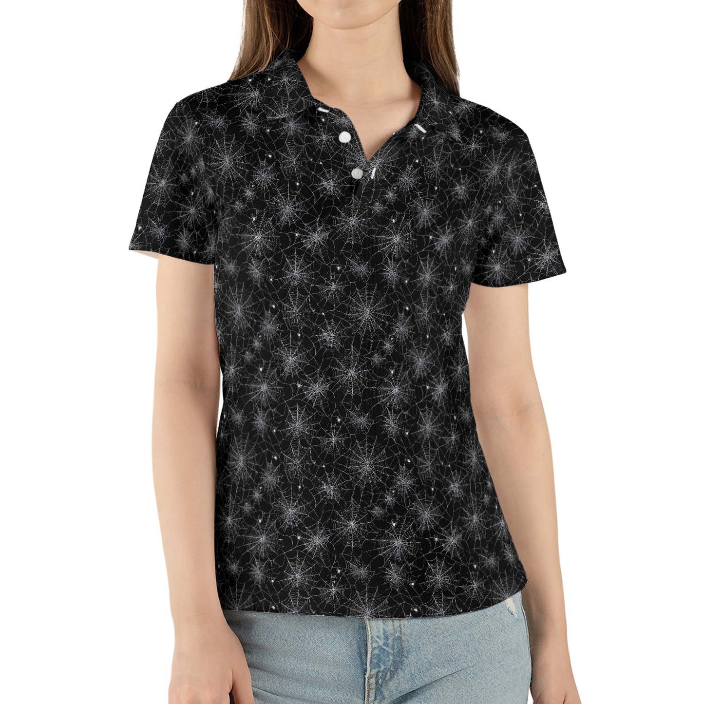 Spiderweb Halloween Polo Shirt for Women Black Spooky Cute Costume Moisture Wicking Short Sleeve Golf Top