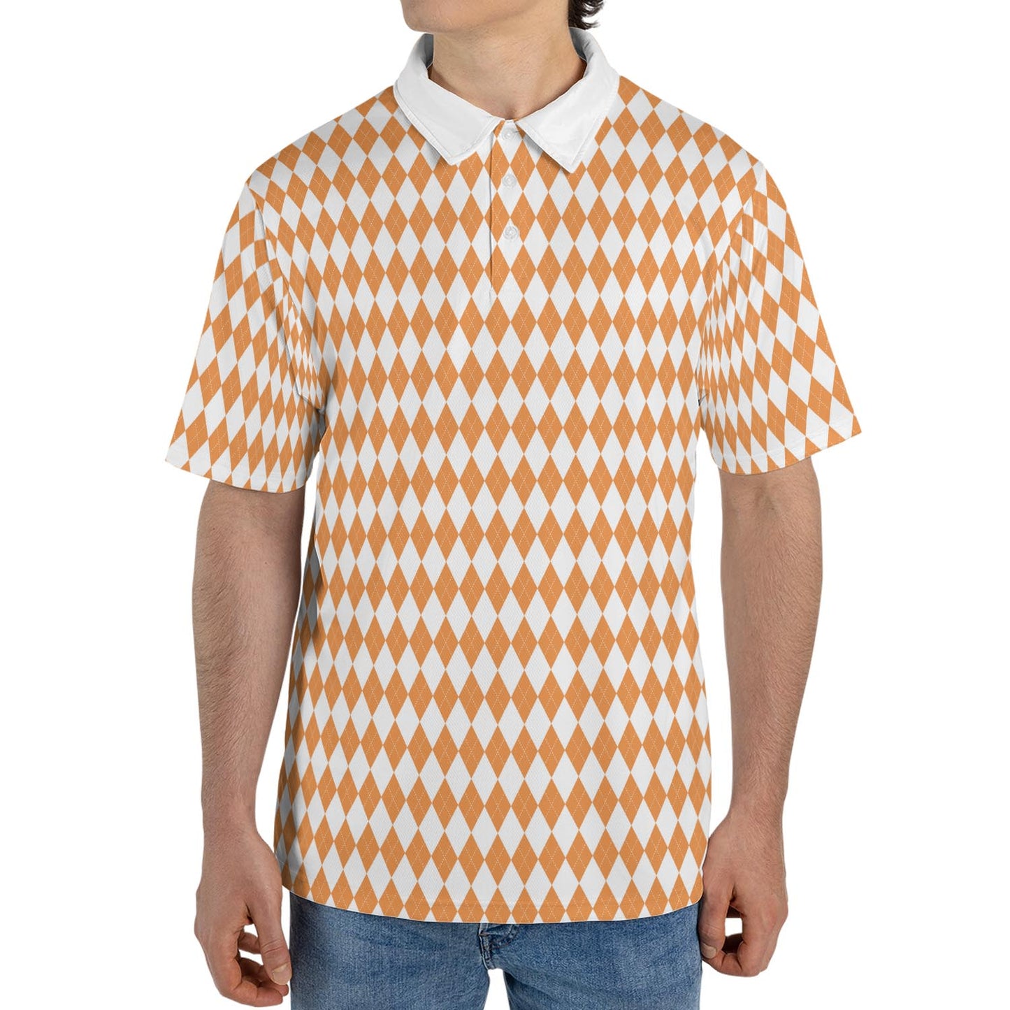 Bavarian Diamond Polo Shirt for Men Orange White Checkered Moisture Wicking Short Sleeve Golf Top