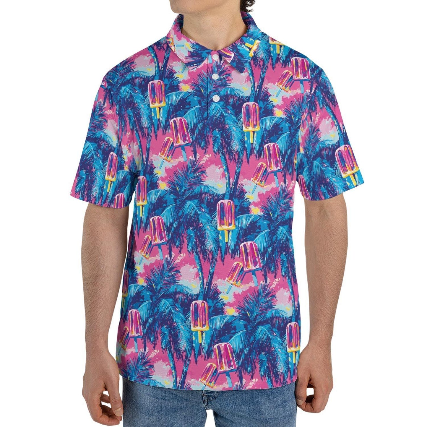 Tropical Popsicle Palm Print Summer Polo Shirt for Men Moisture Wicking Short Sleeve Vacation Golf Top