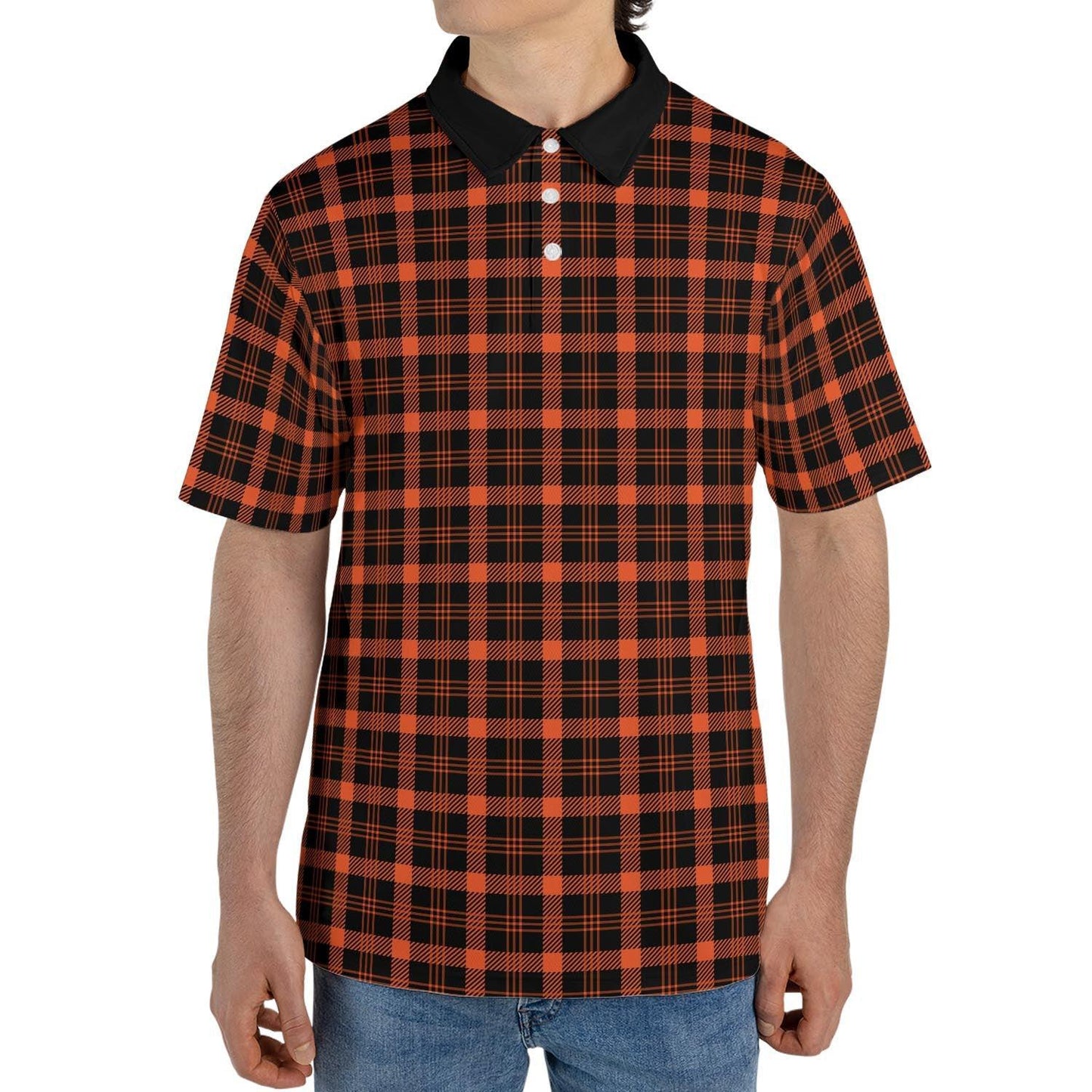 Black and Orange Buffalo Plaid Polo Shirt for Men Halloween Fall Checkered Pattern Moisture Wicking Short Sleeve Golf Top