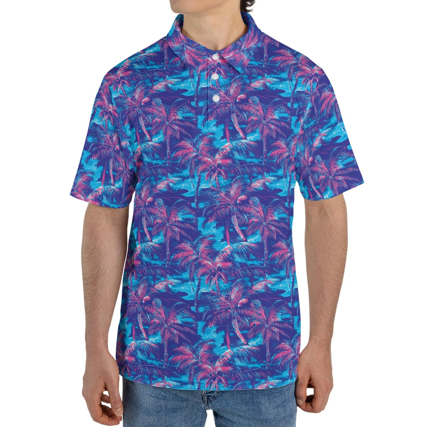 Retro Neon Palm Tree Print Summer Polo Shirt for Men Moisture Wicking Short Sleeve Golf Top