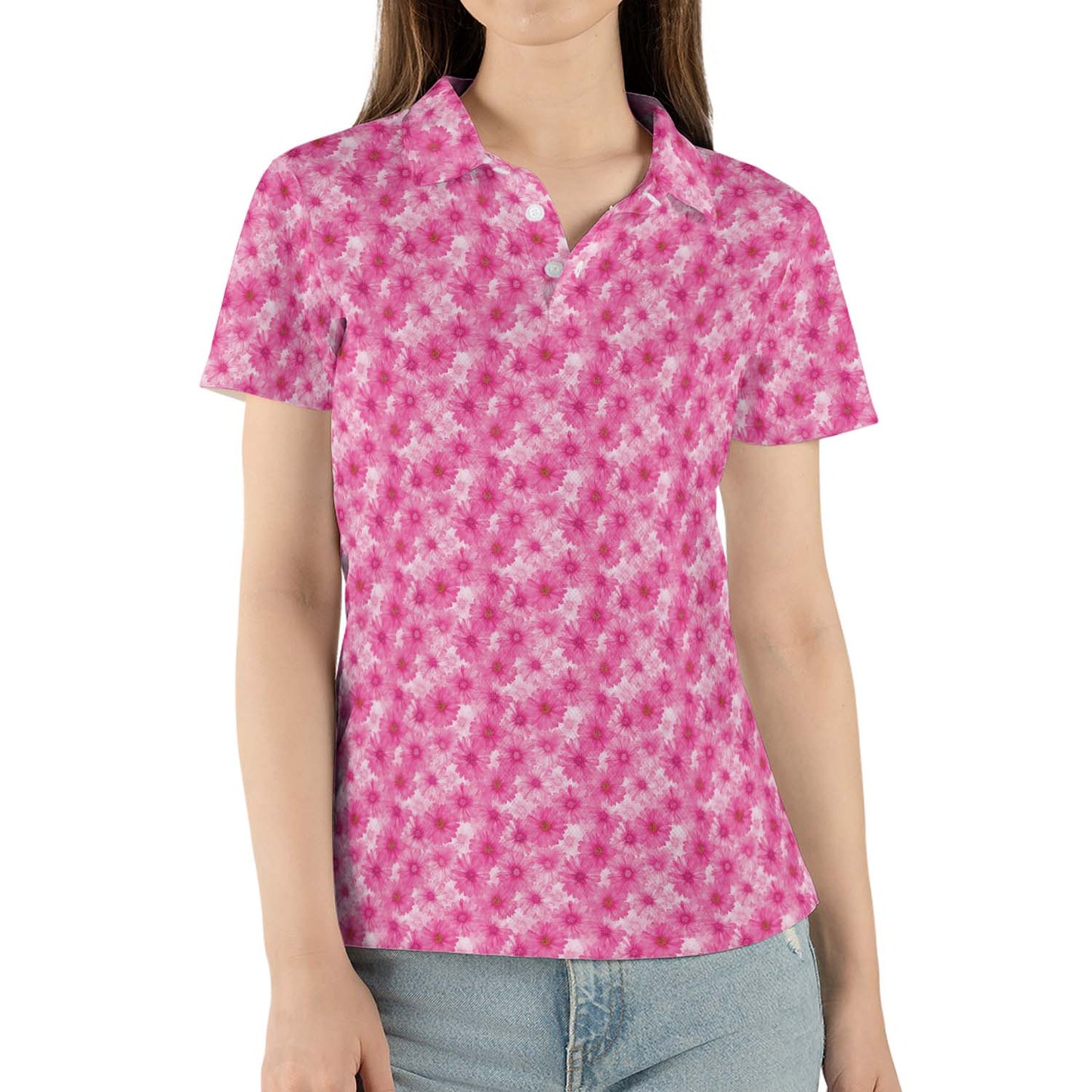 Pink Daisy Floral Polo Shirt for Women Spring Cottagecore Moisture Wicking Short Sleeve Golf Top