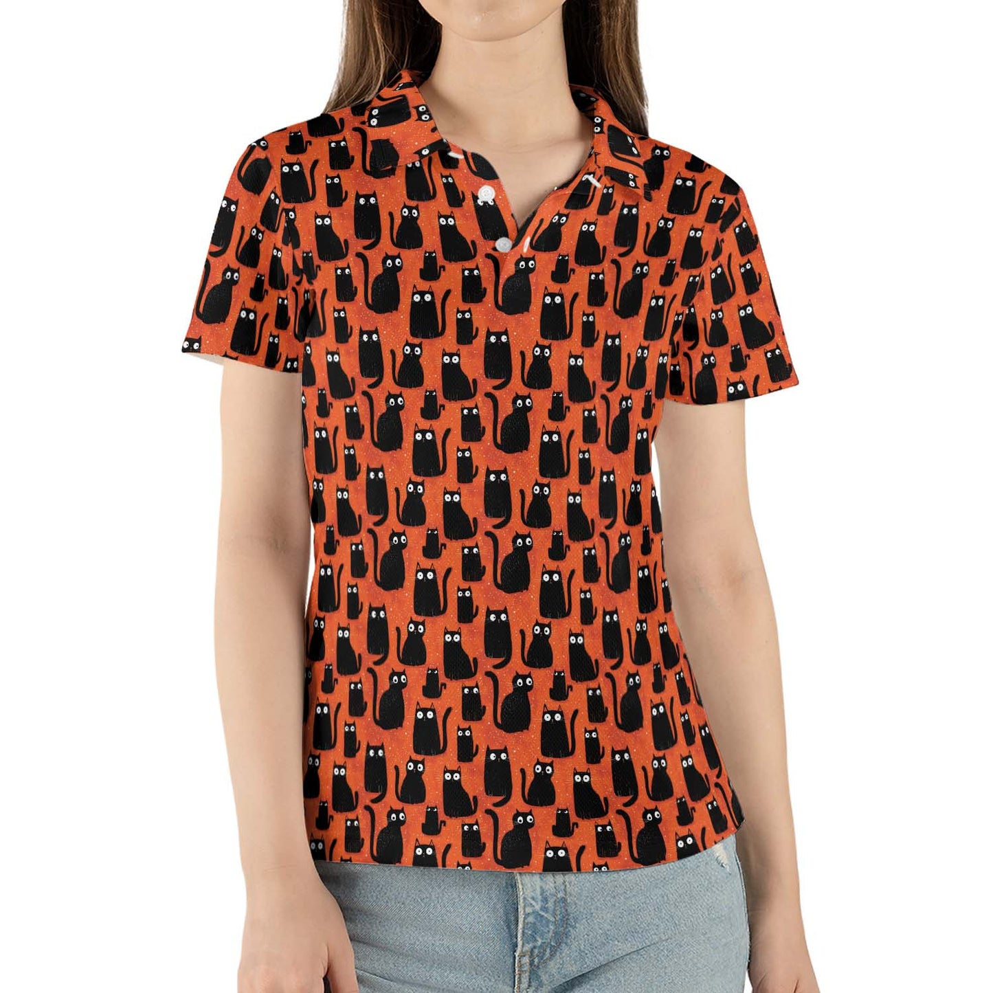 Black Cat Halloween Polo Shirt for Women Orange Spooky Cute Costume Moisture Wicking Short Sleeve Golf Top