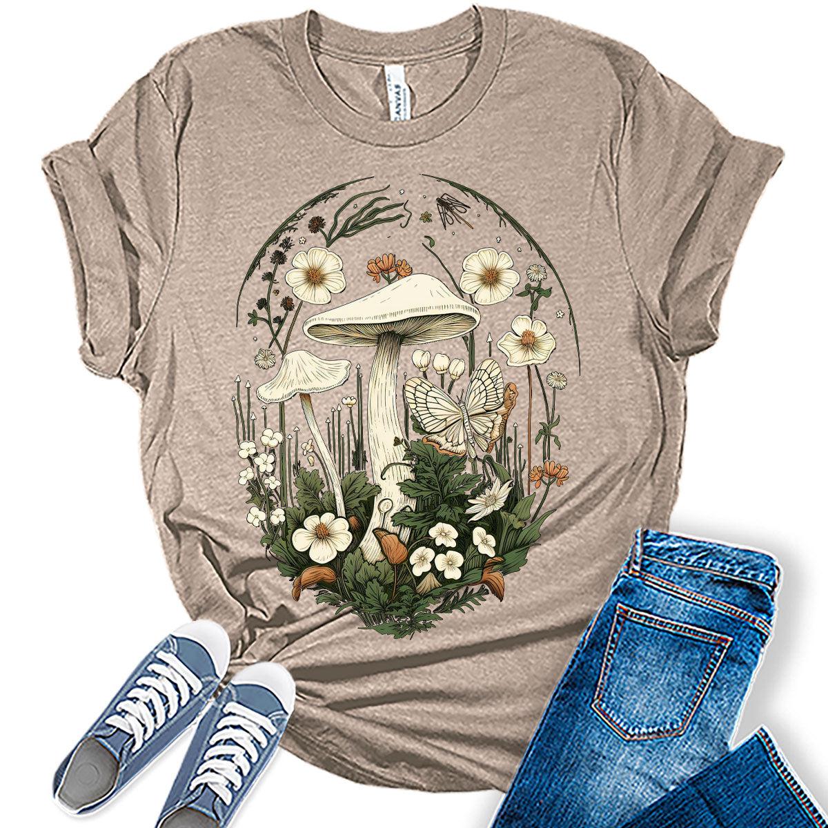 Womens Floral Mushroom Butterfly Tshirts Vintage Tops Cute Floral Wildflower Girls Shirts
