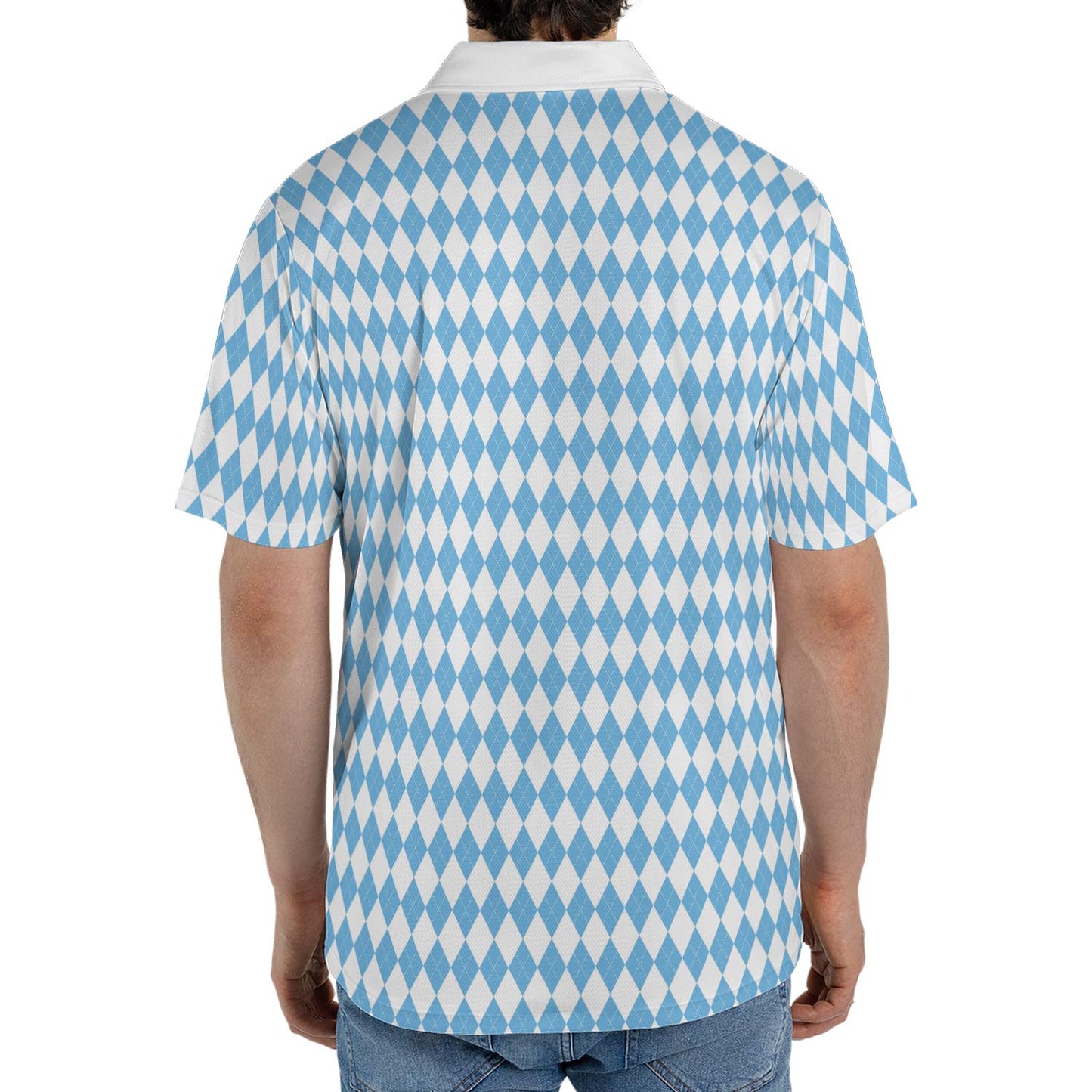 Bavarian Diamond Polo Shirt for Men Blue White Checkered Moisture Wicking Short Sleeve Golf Top