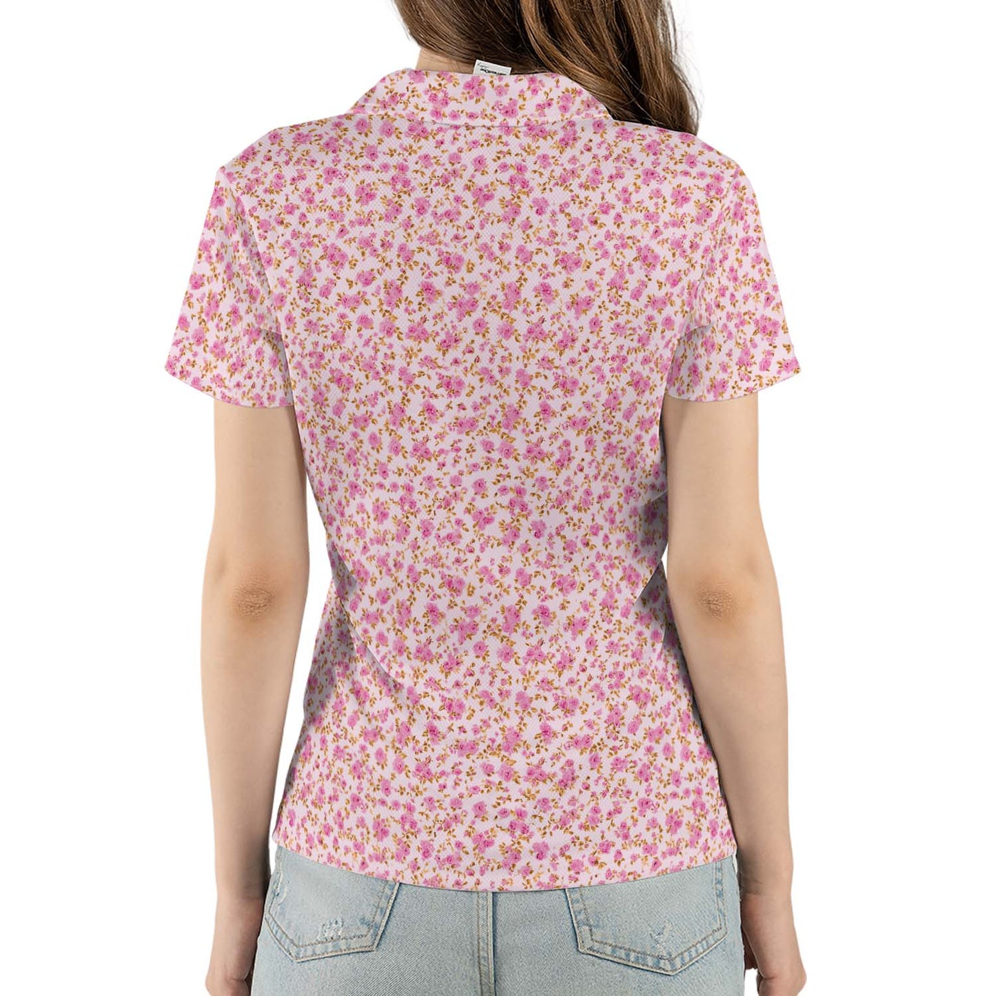Pink Floral Polo Shirt for Women Cottagecore Spring Summer Moisture Wicking Short Sleeve Golf Top
