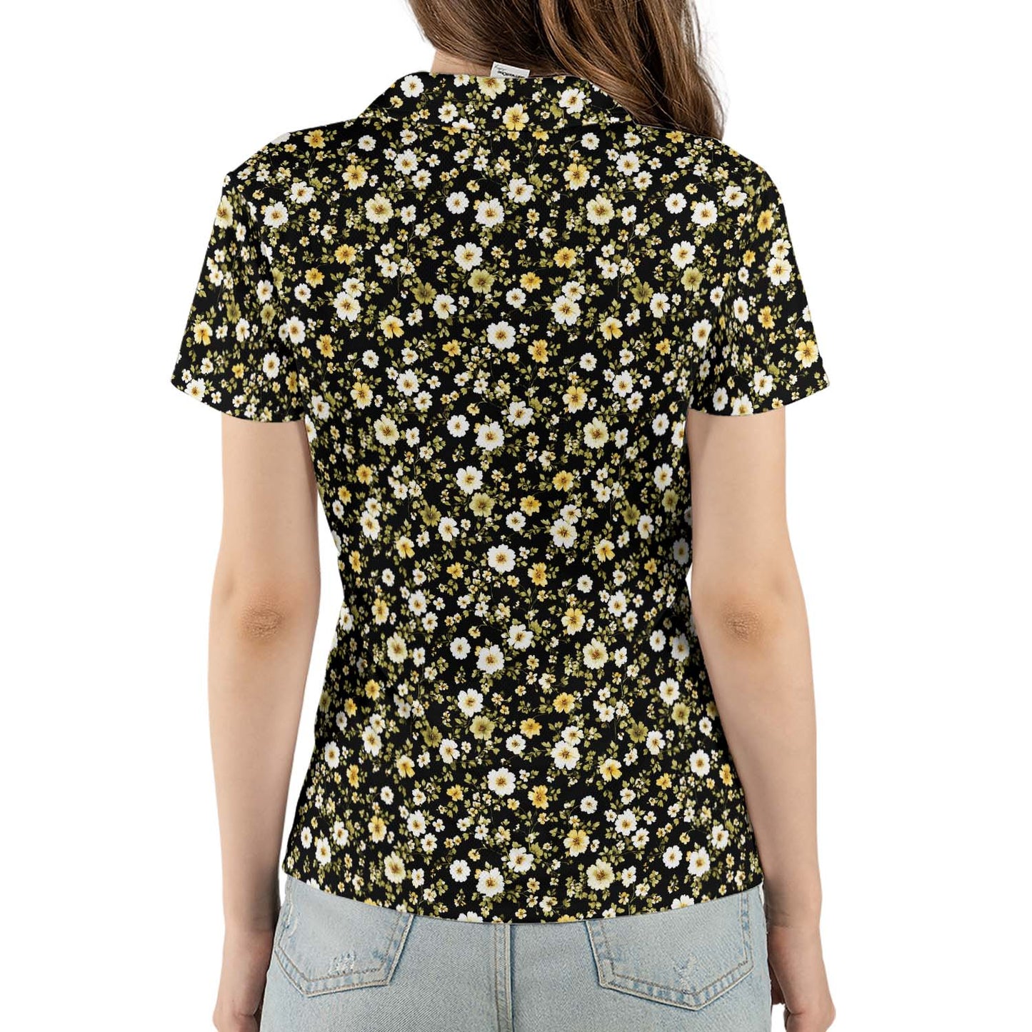 Black Daisy Floral Polo Shirt for Women Yellow Cottagecore Spring Summer Chic Moisture Wicking Short Sleeve Golf Top