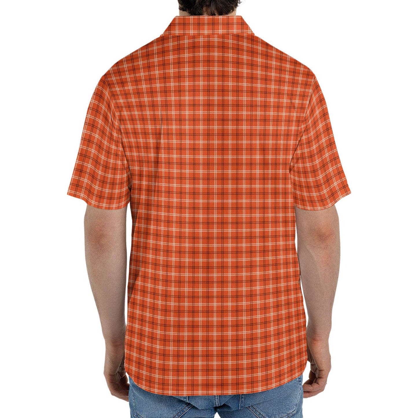 Orange Plaid Polo Shirt for Men Fall Checkered Autumn Halloween Moisture Wicking Short Sleeve Golf Top