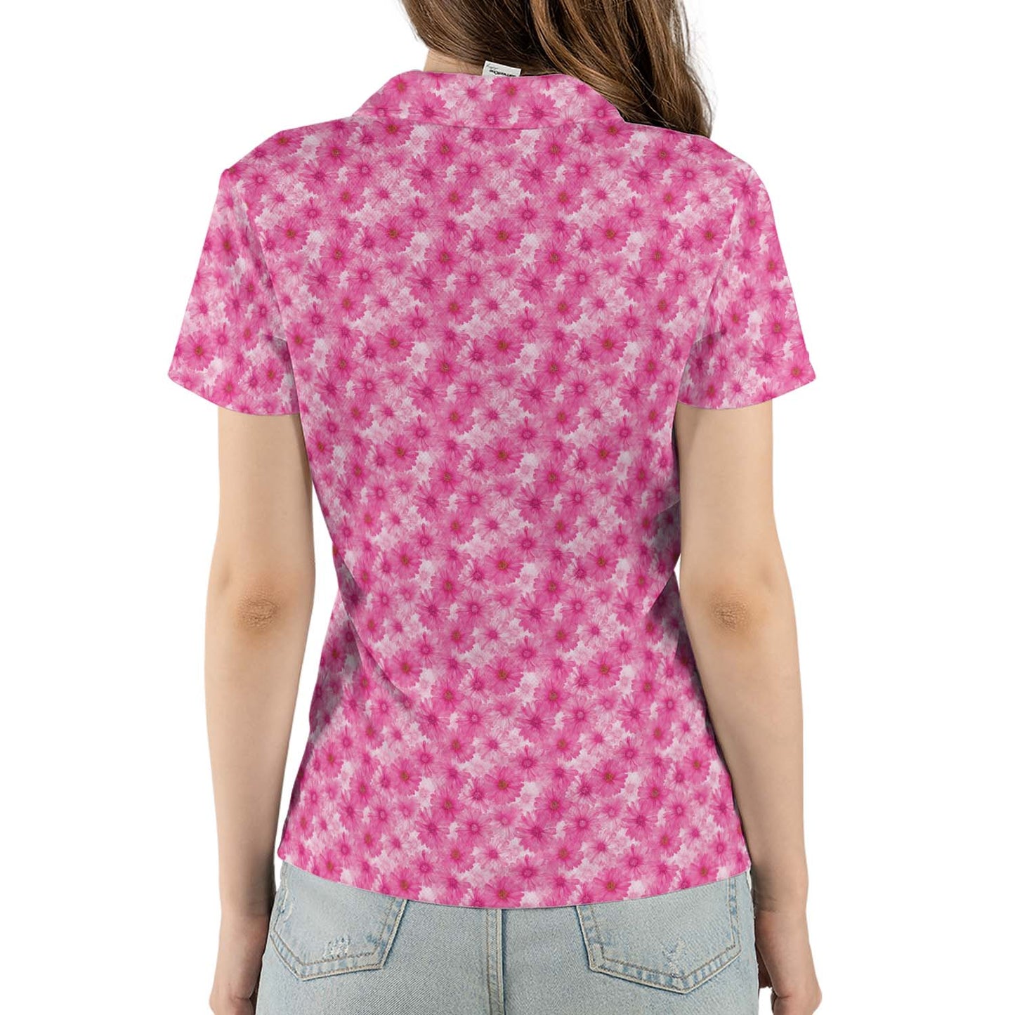 Pink Daisy Floral Polo Shirt for Women Spring Cottagecore Moisture Wicking Short Sleeve Golf Top