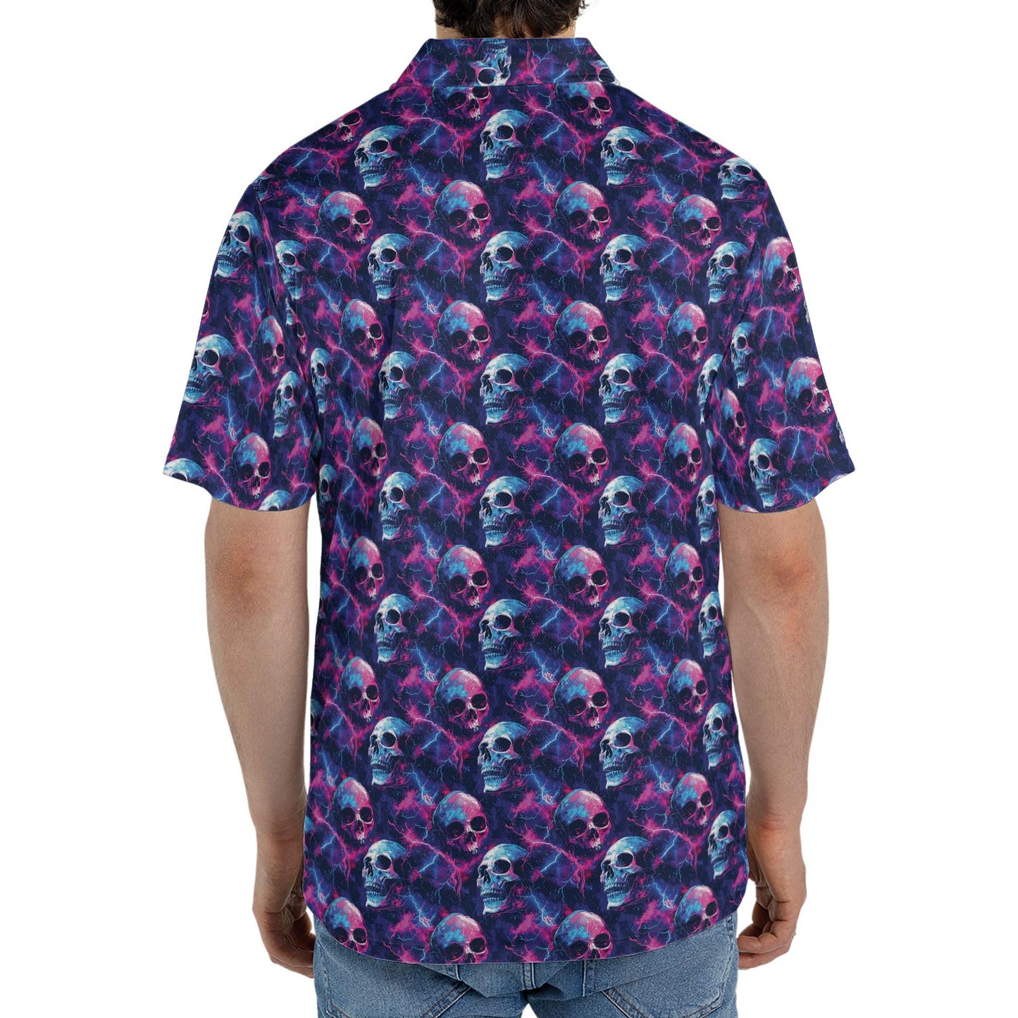 Electric Neon Cosmic Skull Print Halloween Polo Shirt for Men Moisture Wicking Short Sleeve Golf Top