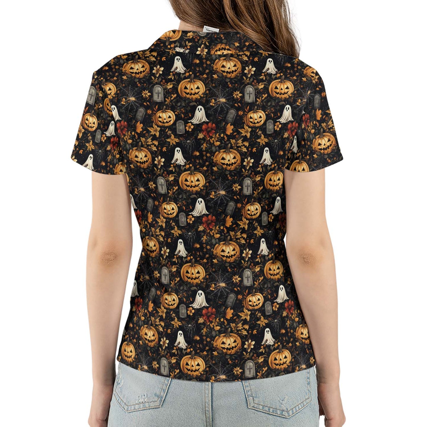 Ghost Pumpkin Floral Halloween Polo Shirt for Women Moisture Wicking Short Sleeve Golf Top
