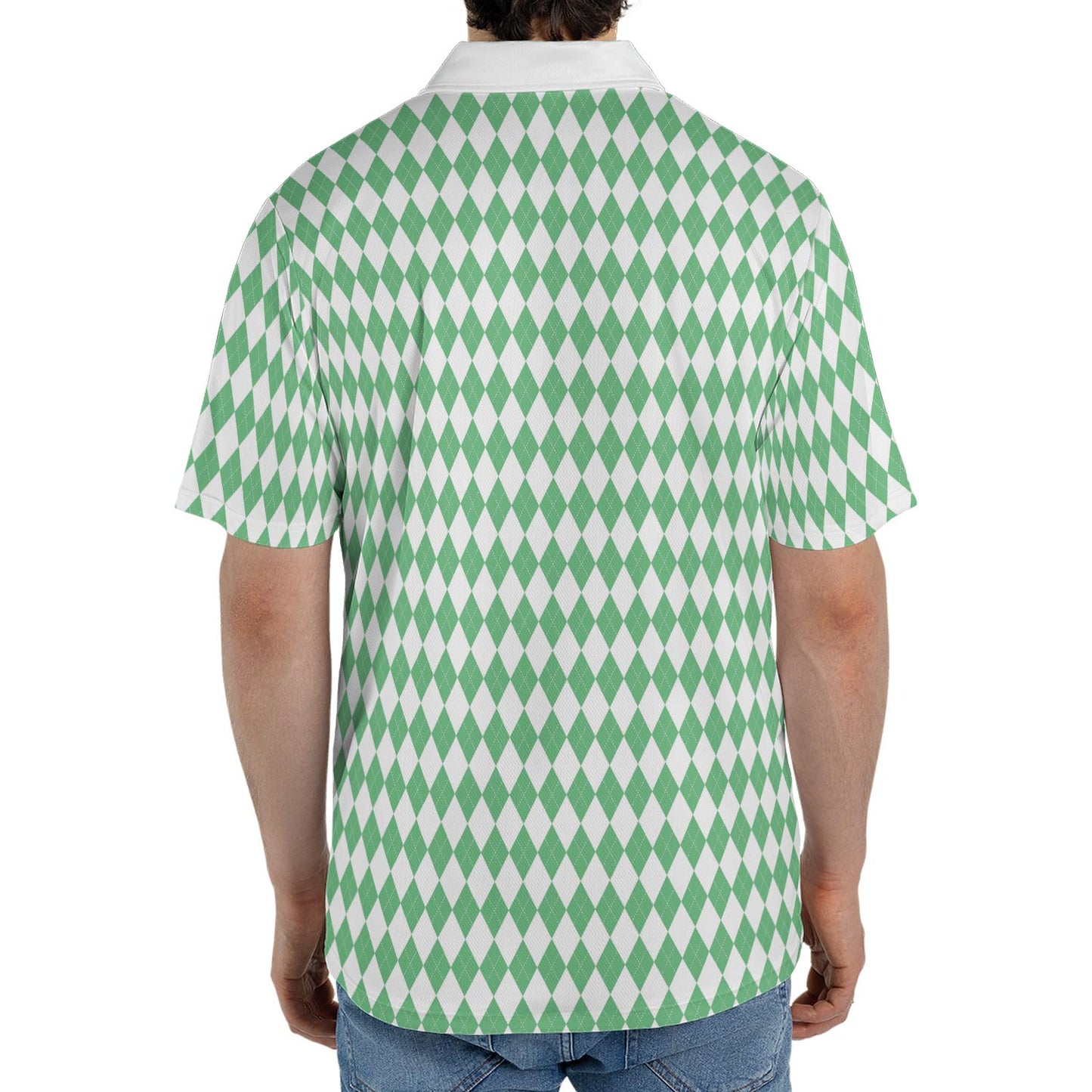 Bavarian Diamond Polo Shirt for Men Green White Checkered Moisture Wicking Short Sleeve Golf Top