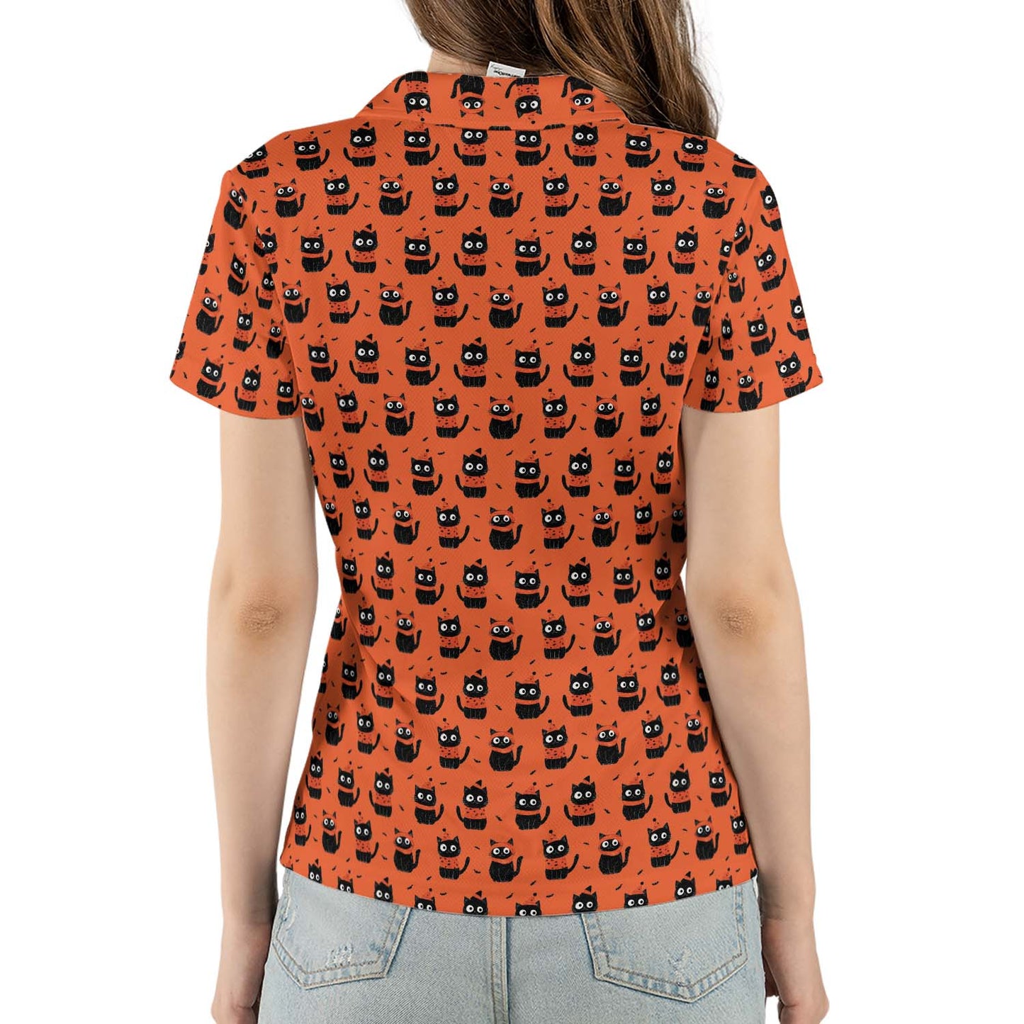Funny Halloween Cat Polo Shirt for Women Orange Spooky Cute Moisture Wicking Short Sleeve Golf Top