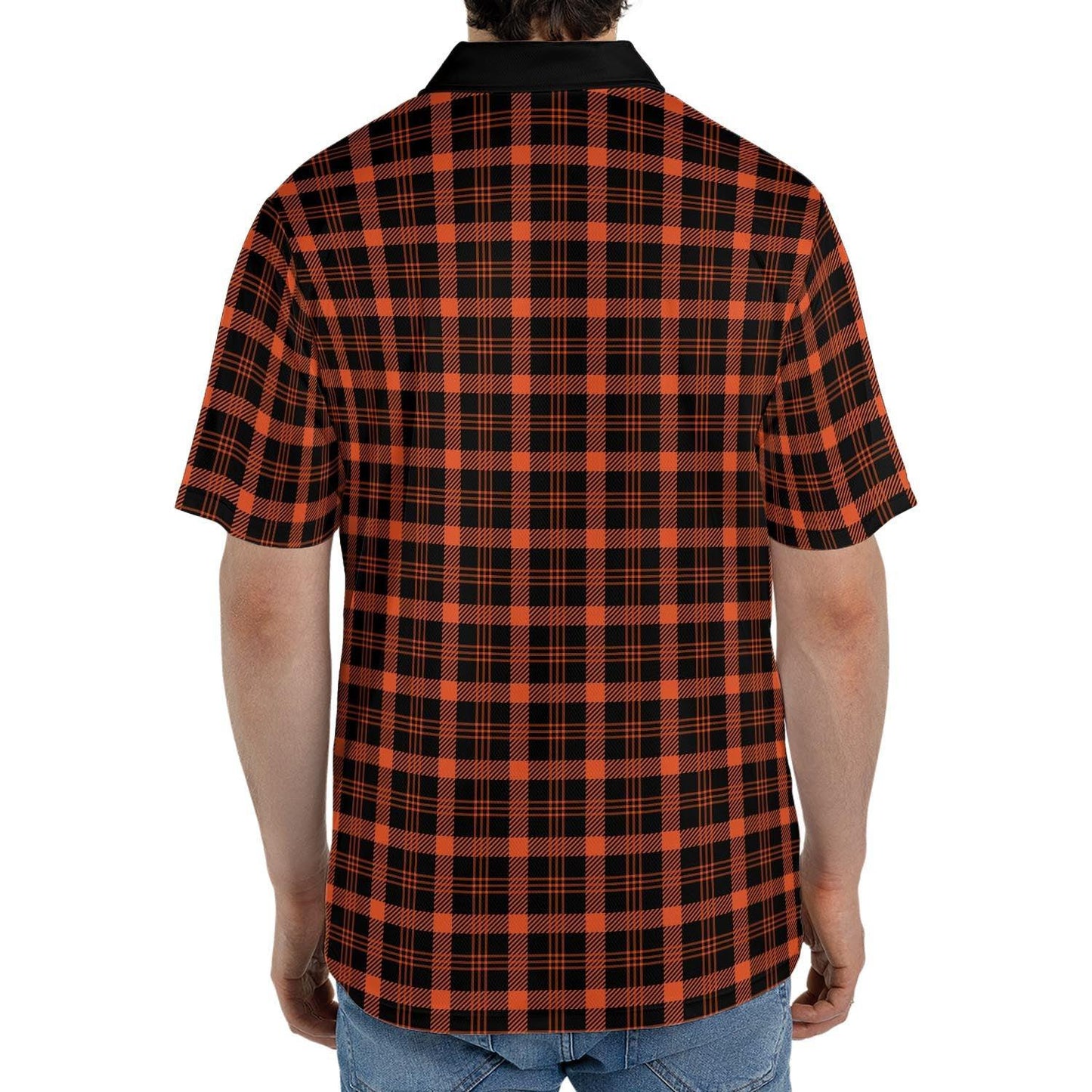 Black and Orange Buffalo Plaid Polo Shirt for Men Halloween Fall Checkered Pattern Moisture Wicking Short Sleeve Golf Top