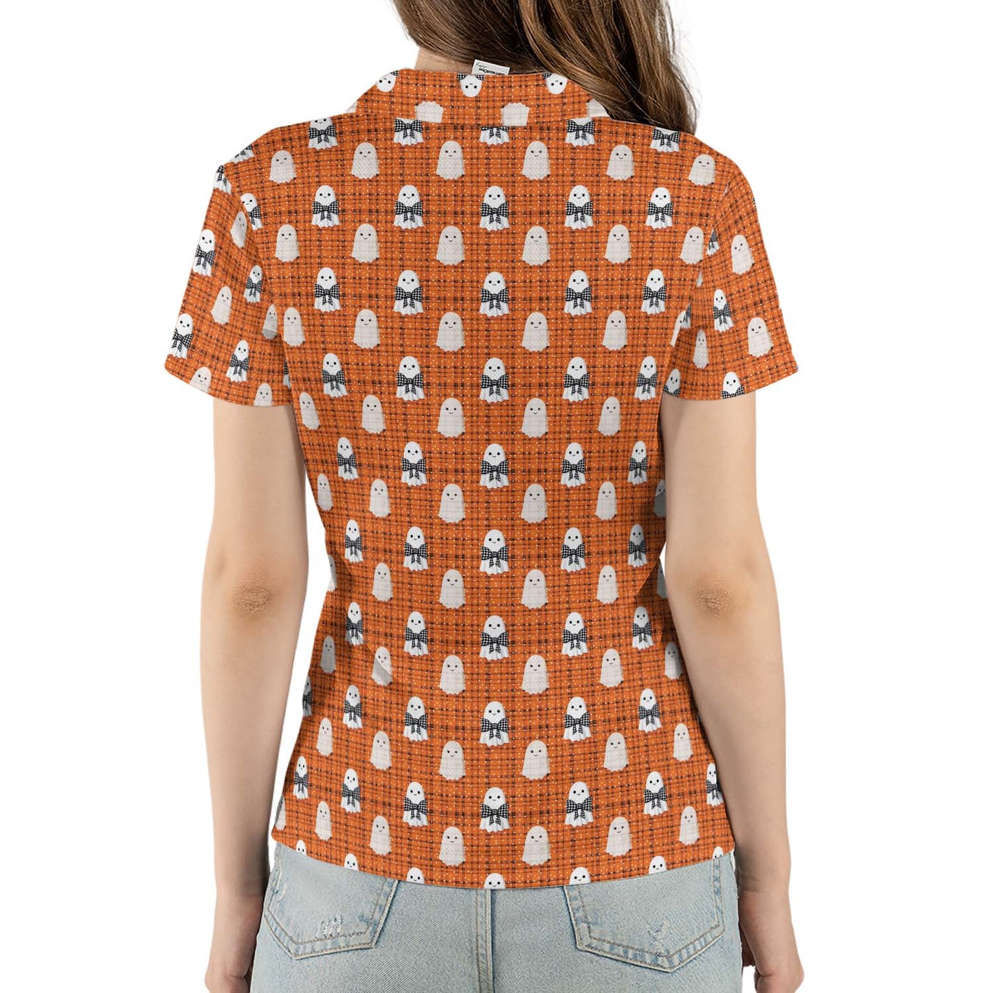 Cute Ghost Halloween Polo Shirt for Women Orange Plaid Moisture Wicking Short Sleeve Golf Top