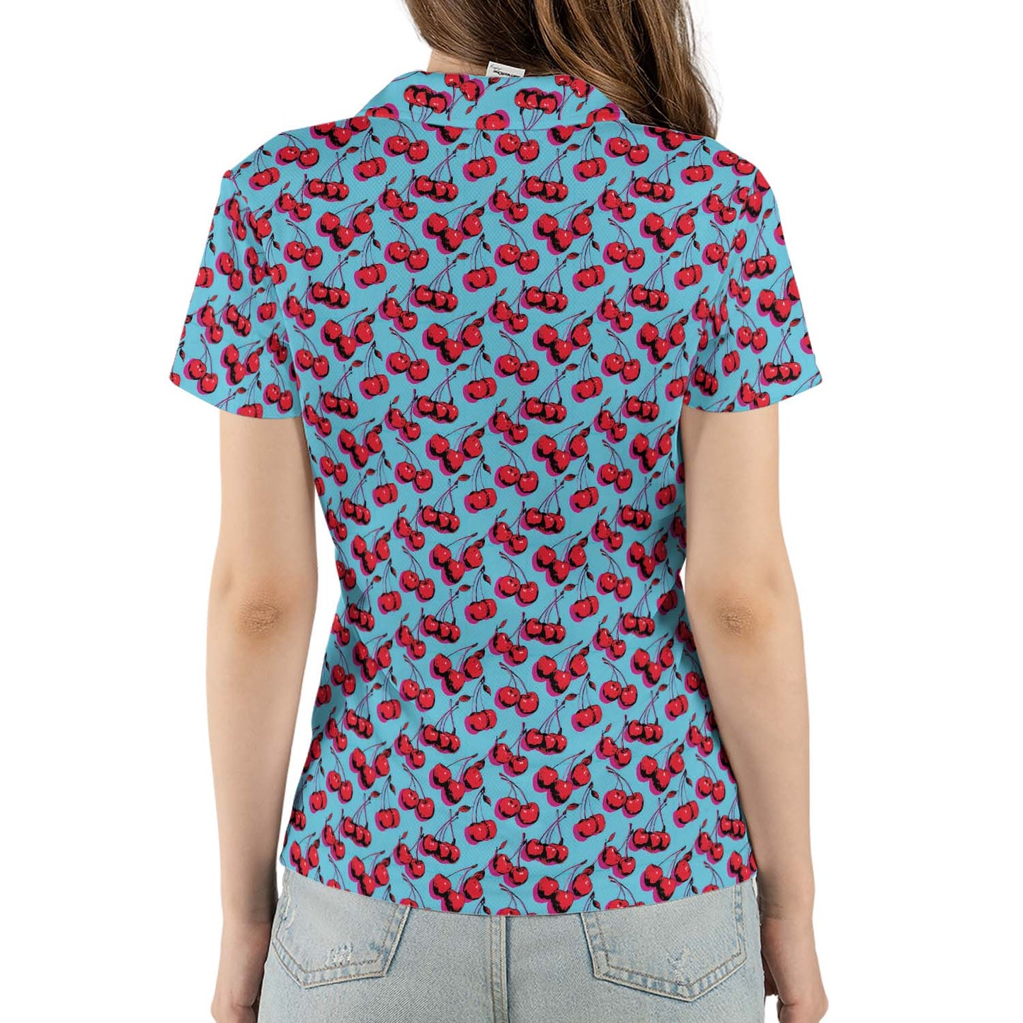 Cherry Print Polo Shirt for Women Blue Retro Y2K Summer Moisture Wicking Short Sleeve Golf Top